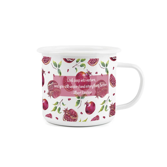 Pomegranate-themed enamel mug with a quote from Albert Einstein, perfect for outdoor activities.