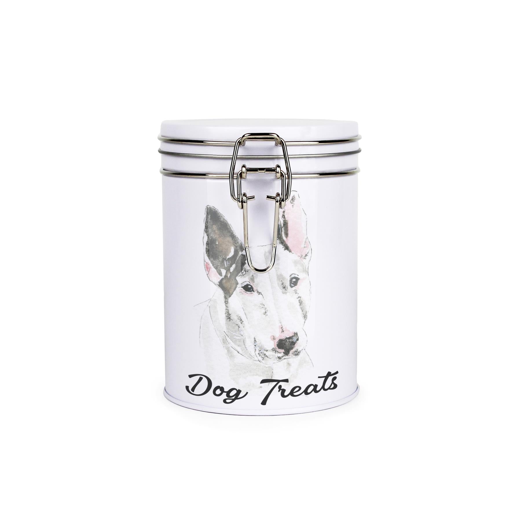 White tinplate canister with metal clip and lid featuring the face of a Bull Terrier with the caption 'Dog Treats'
