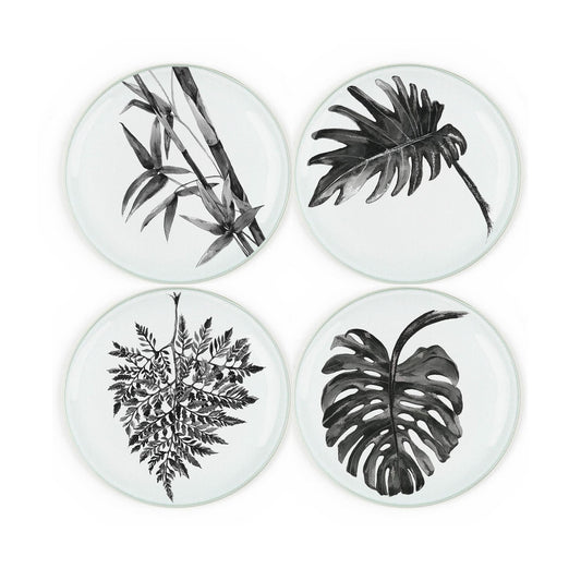 Set of four round tempered glass coasters featuring ink drawn leaf designs