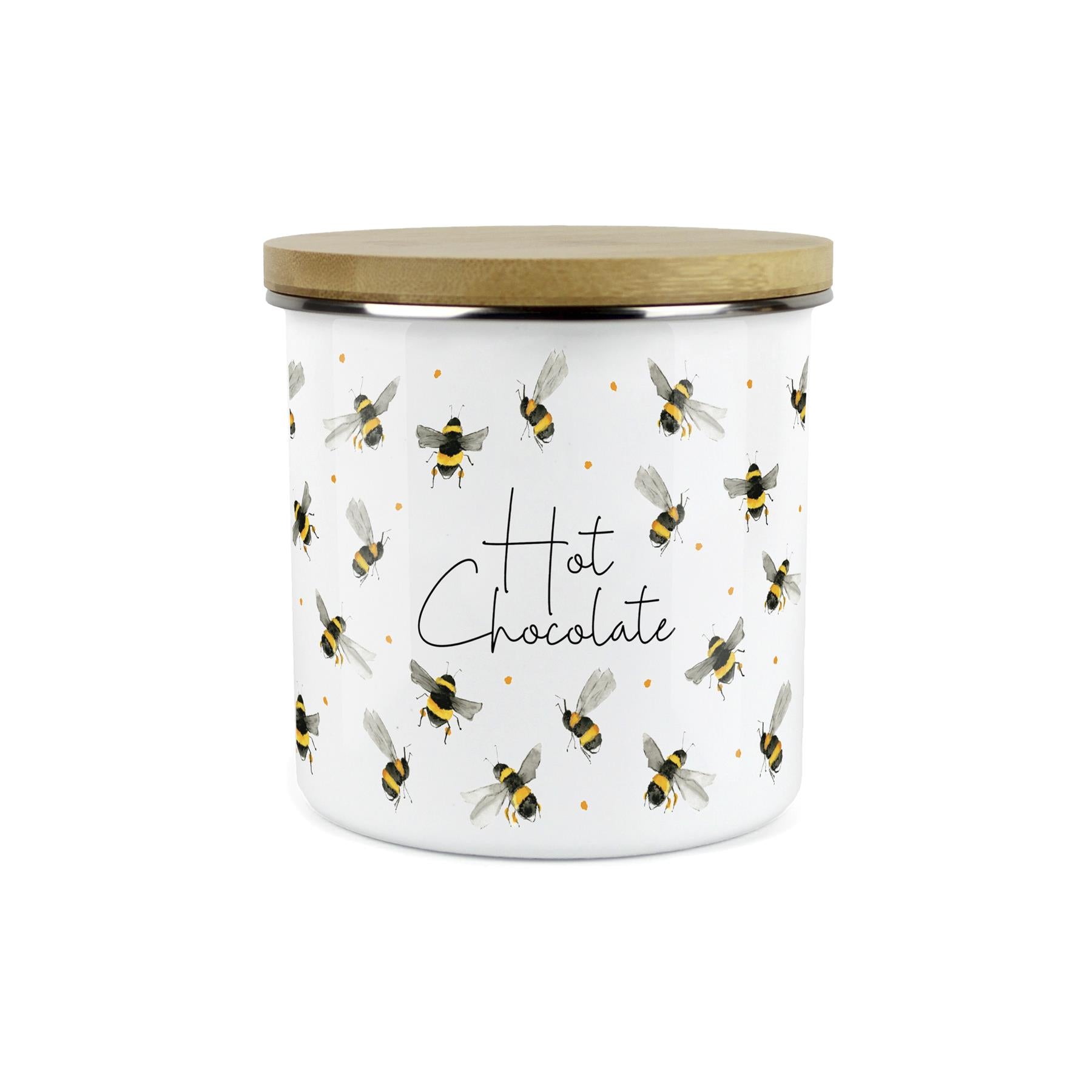 Hot Chocolate Canister - Watercolour Bees Kitchen Airtight Enamel Storage Jar