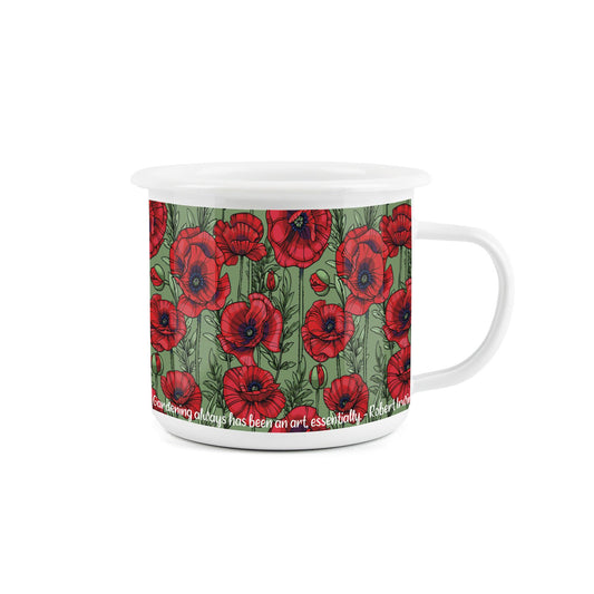 Poppies enamel mug for outdoor activities, featuring a lovely poppy design and a quote from Robert Irwin.