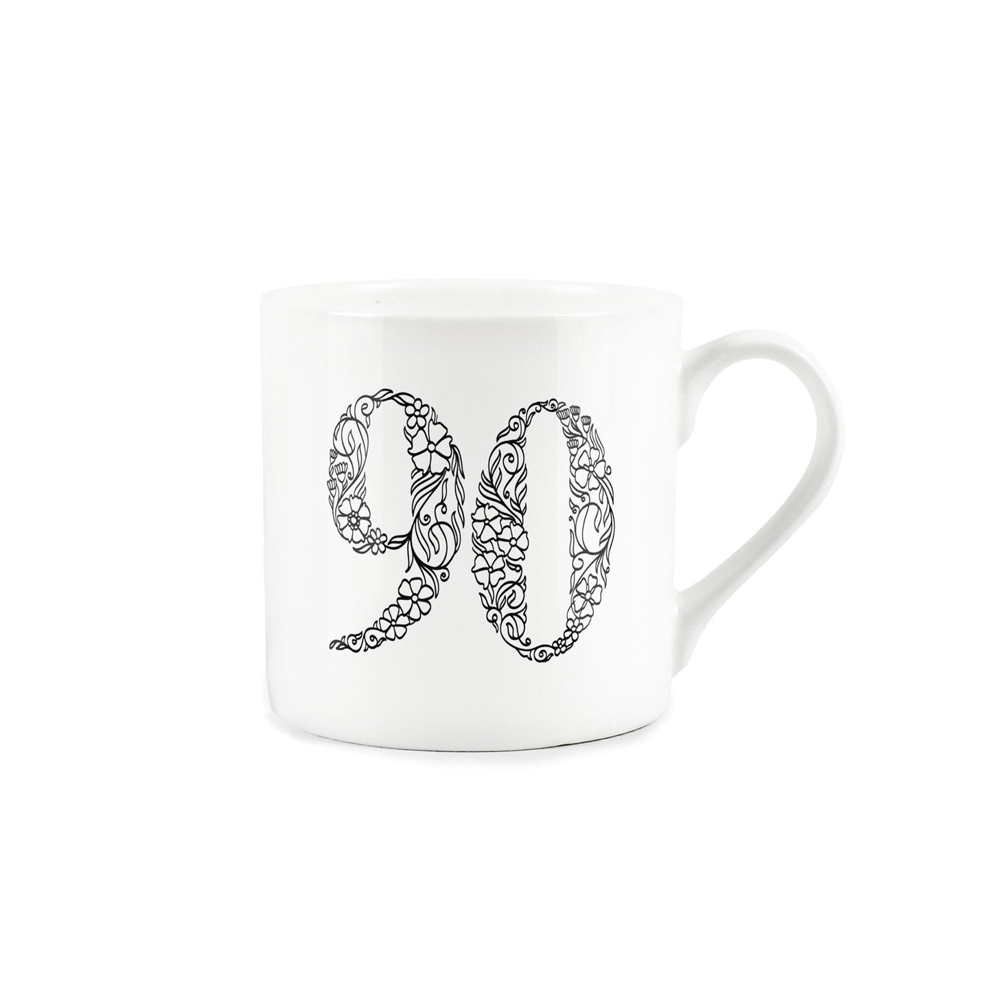 White bone china mug featuring floral line drawing of the number 90