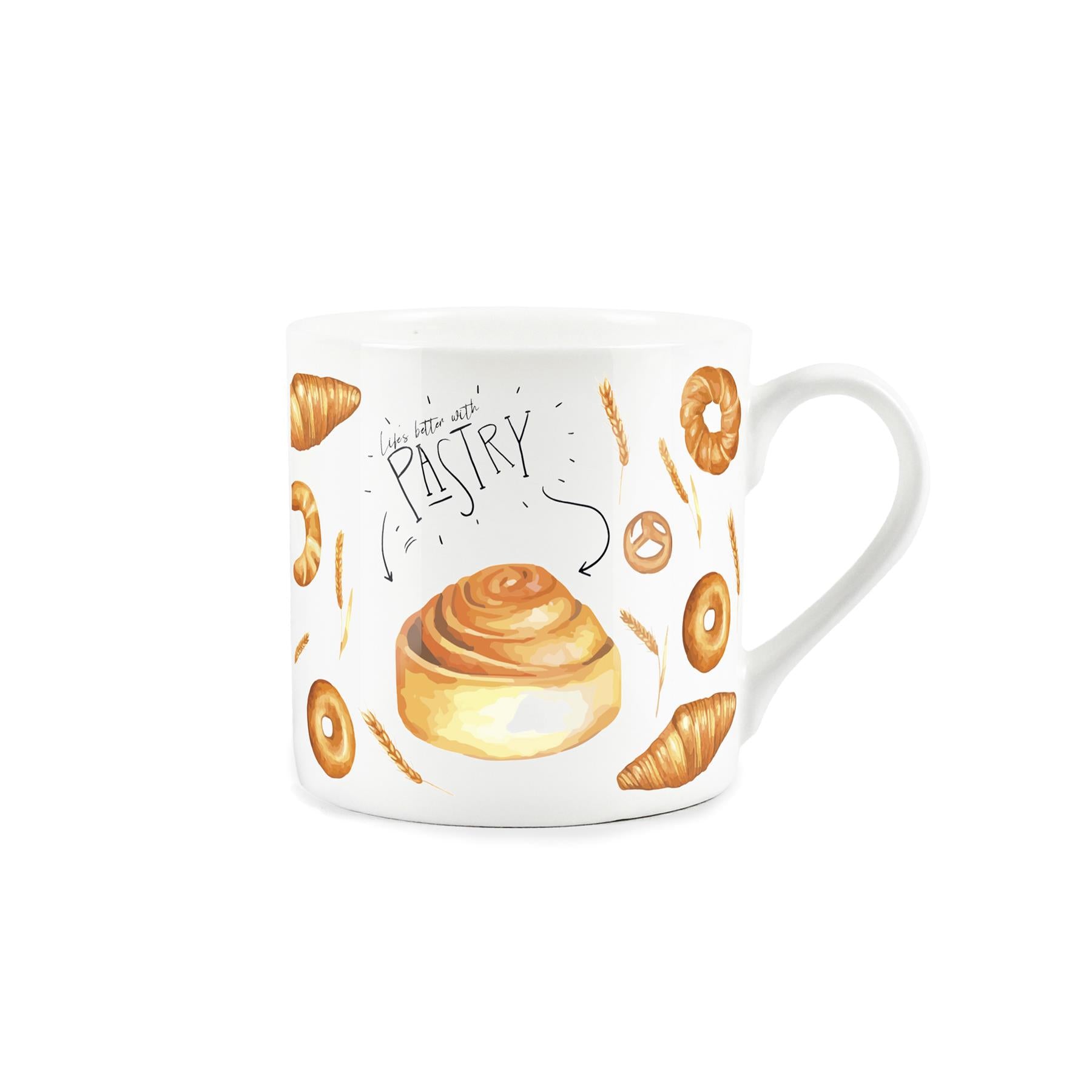 Mug embellished with charming pastry drawings and 'life's better with pastry' text