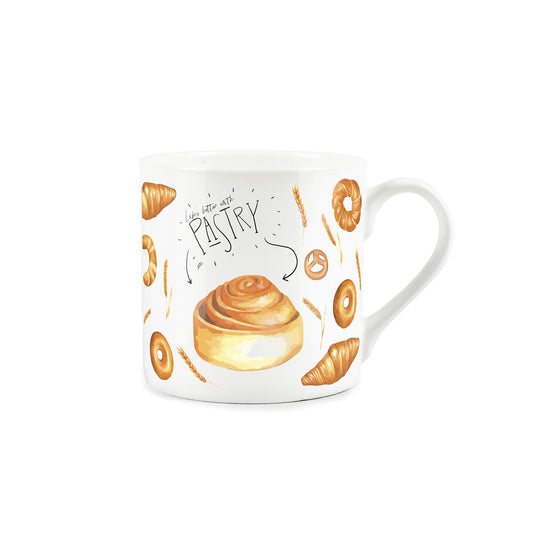 Mug embellished with charming pastry drawings and 'life's better with pastry' text