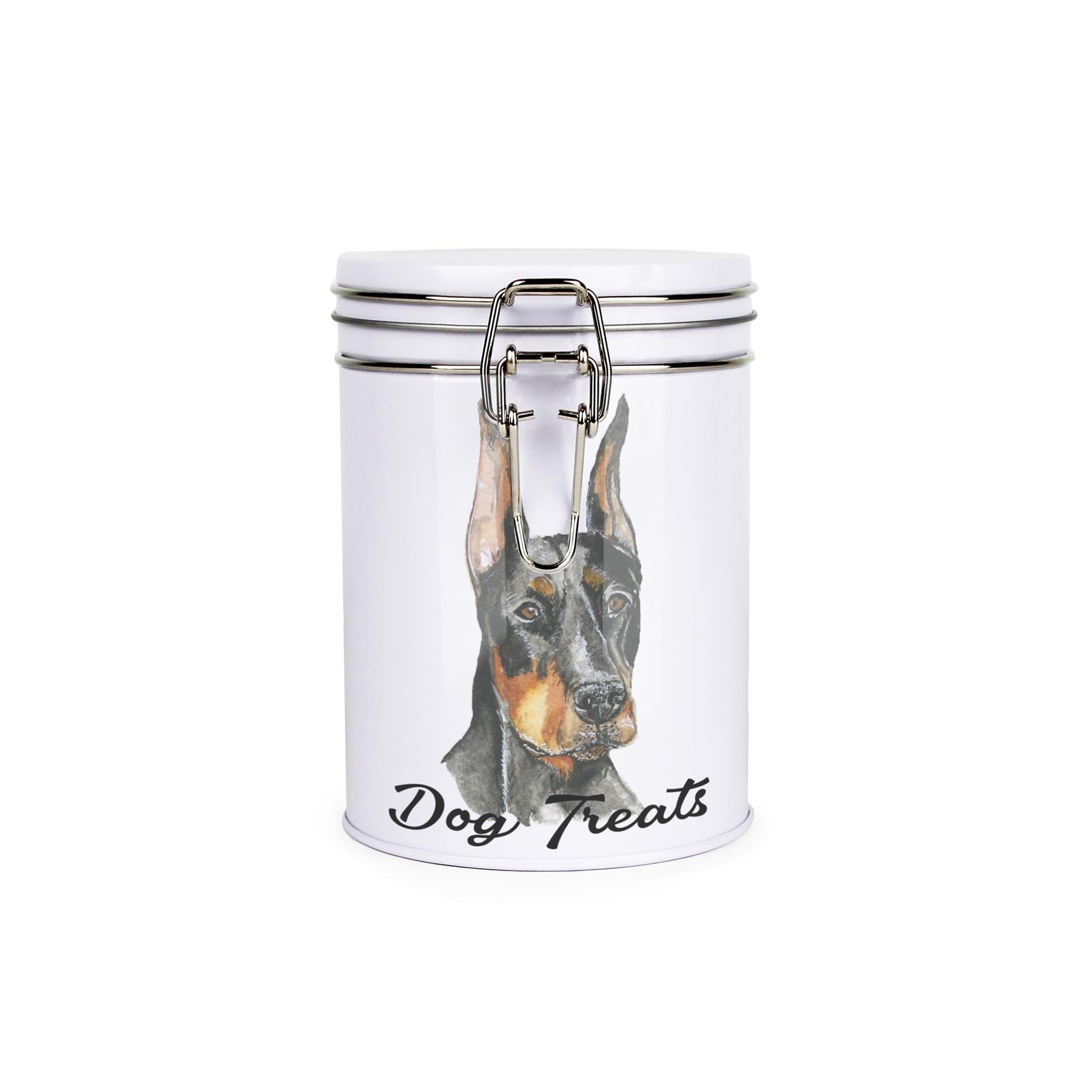 White tinplate canister with metal clip and lid featuring the face of a Dobermann with the caption 'Dog Treats'