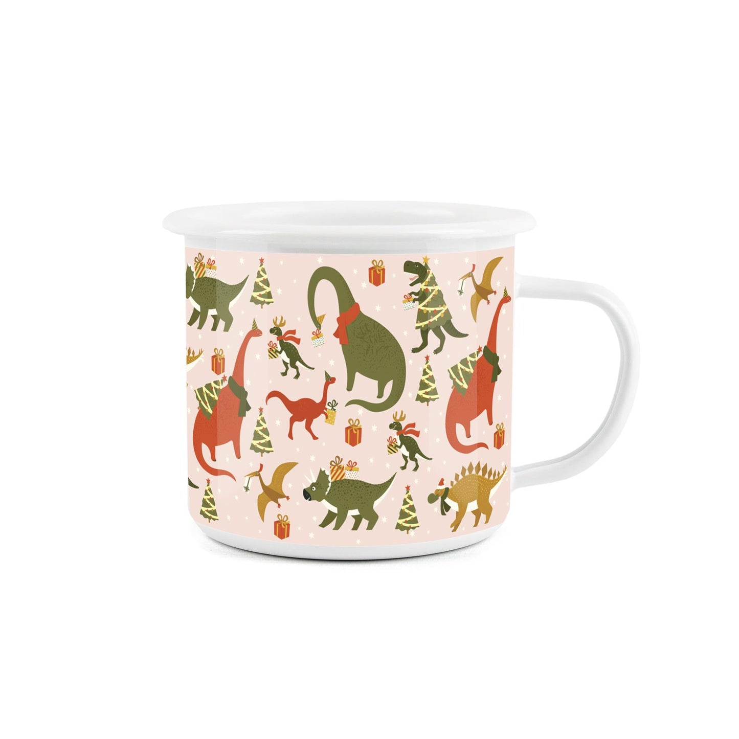 Christmas dinosaurs enamel mug, a rawr-some gift idea for dinosaur lovers during the festive season with a durable design.
