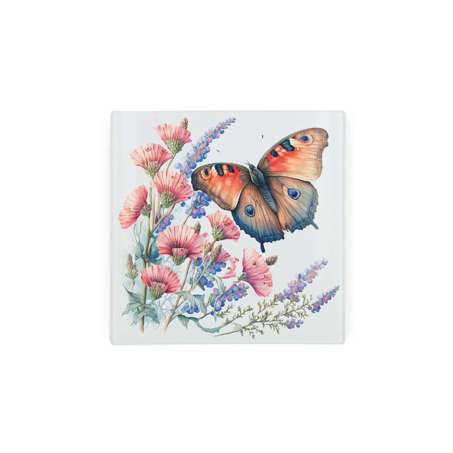 Mini glass worktop protector with watercolour butterfly and flowers.