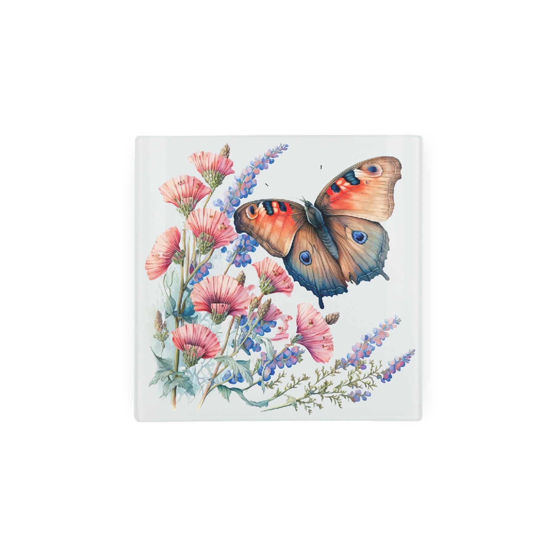 Mini glass worktop protector with watercolour butterfly and flowers.