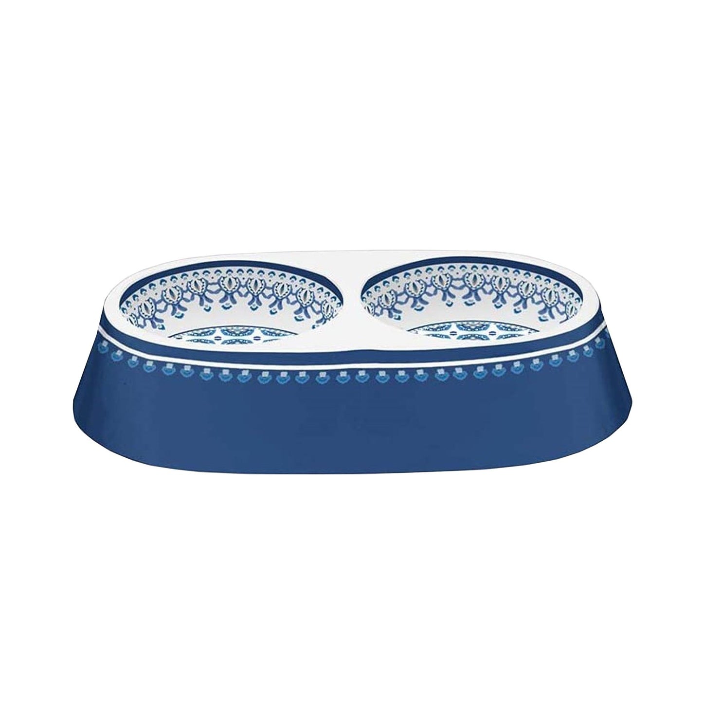 Lightweight melamine Moroccan Indigo double pet bowl with bold indigo and white print.