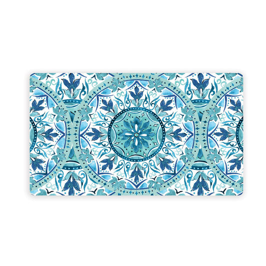 Gibraltar themed placemat with blue and teal floral design.