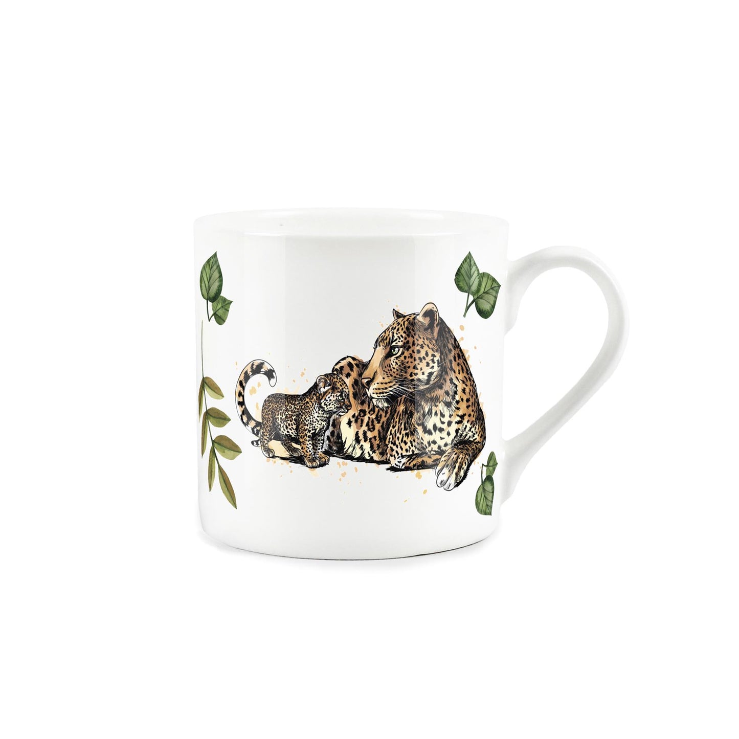 White bone china mug with Leopard mother and cub