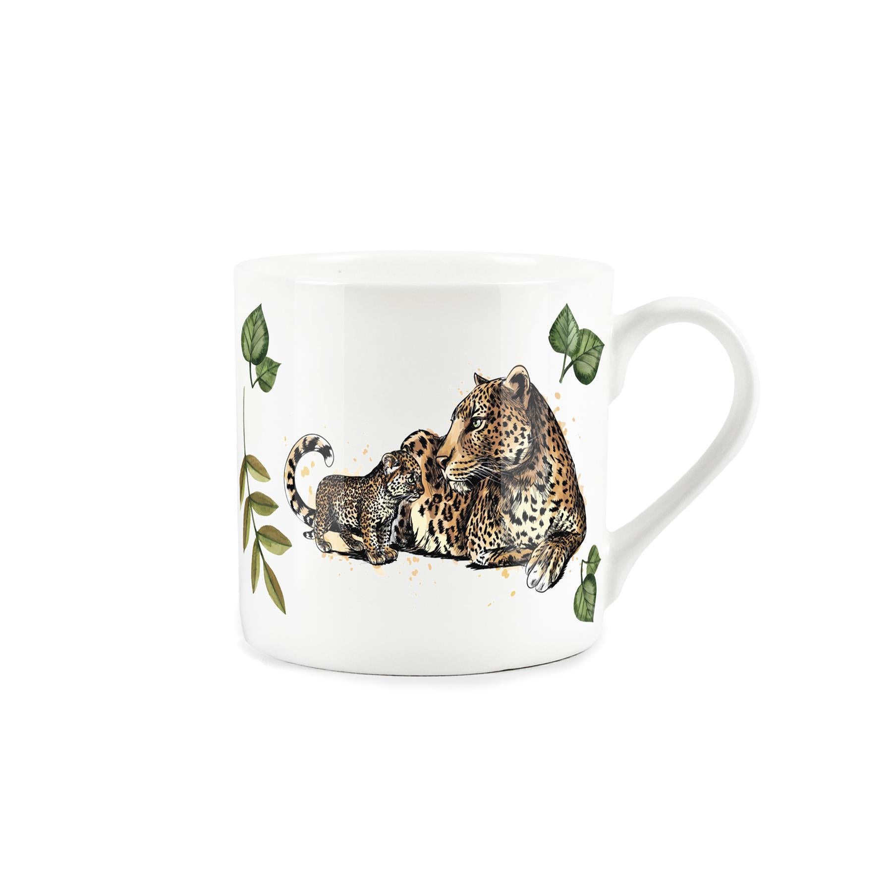 White bone china mug with Leopard mother and cub