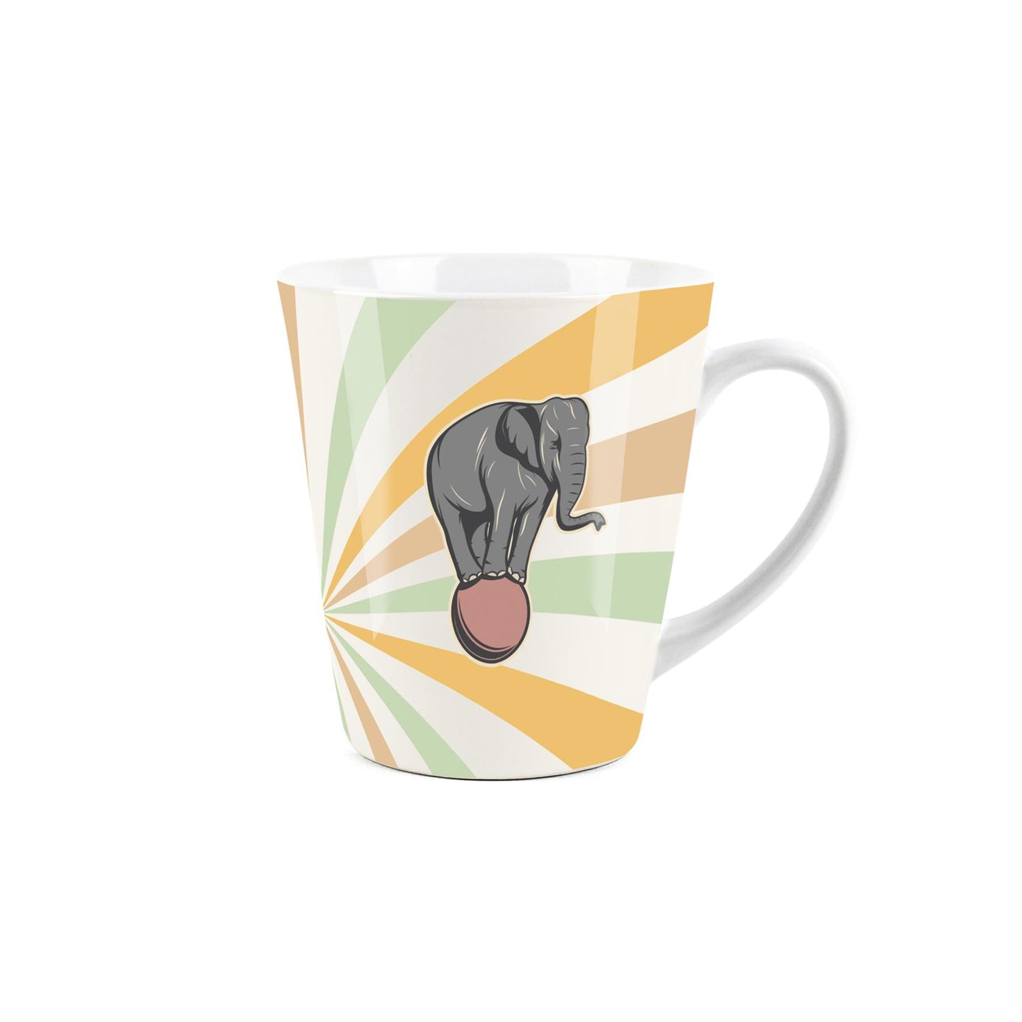 Small white latte mug featuring a vintage circus design