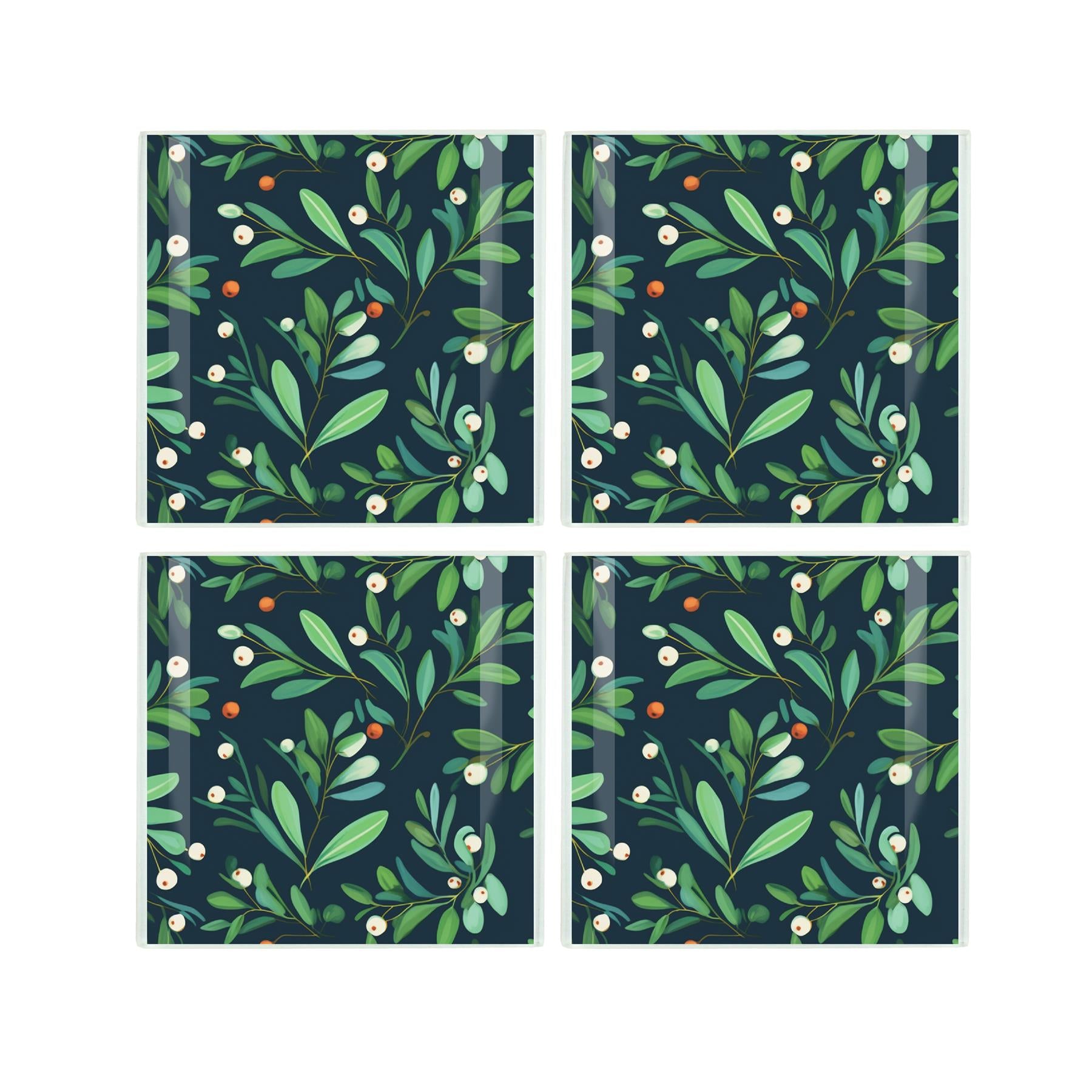 Set of four tempered glass coasters featuring vibrant botanical mistle toe designs