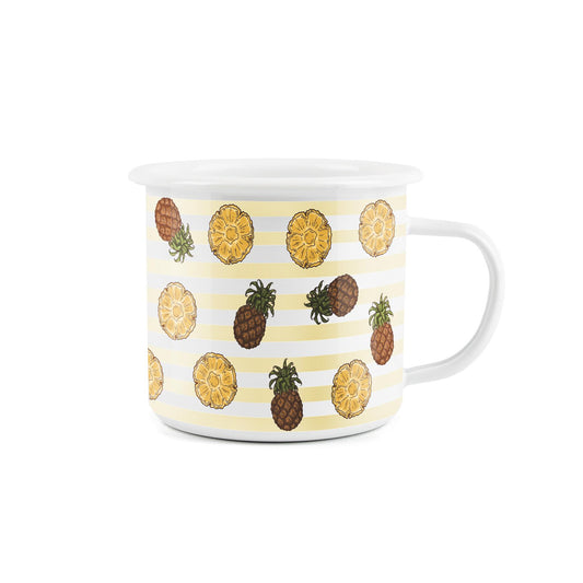 Enamel mug featuring a pineapple print, ideal for outdoor activities, festivals, and picnics.