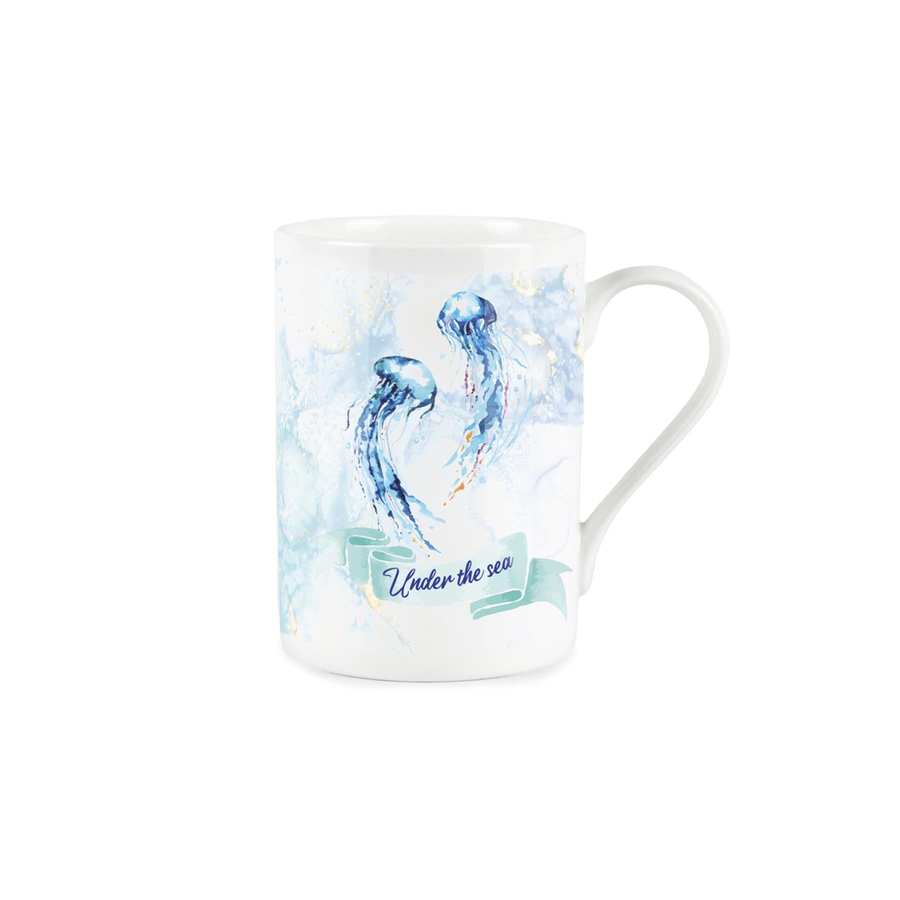 Under the sea' typography on a blue banner with vibrant painted depiction of jellyfish above on a white bone china mug