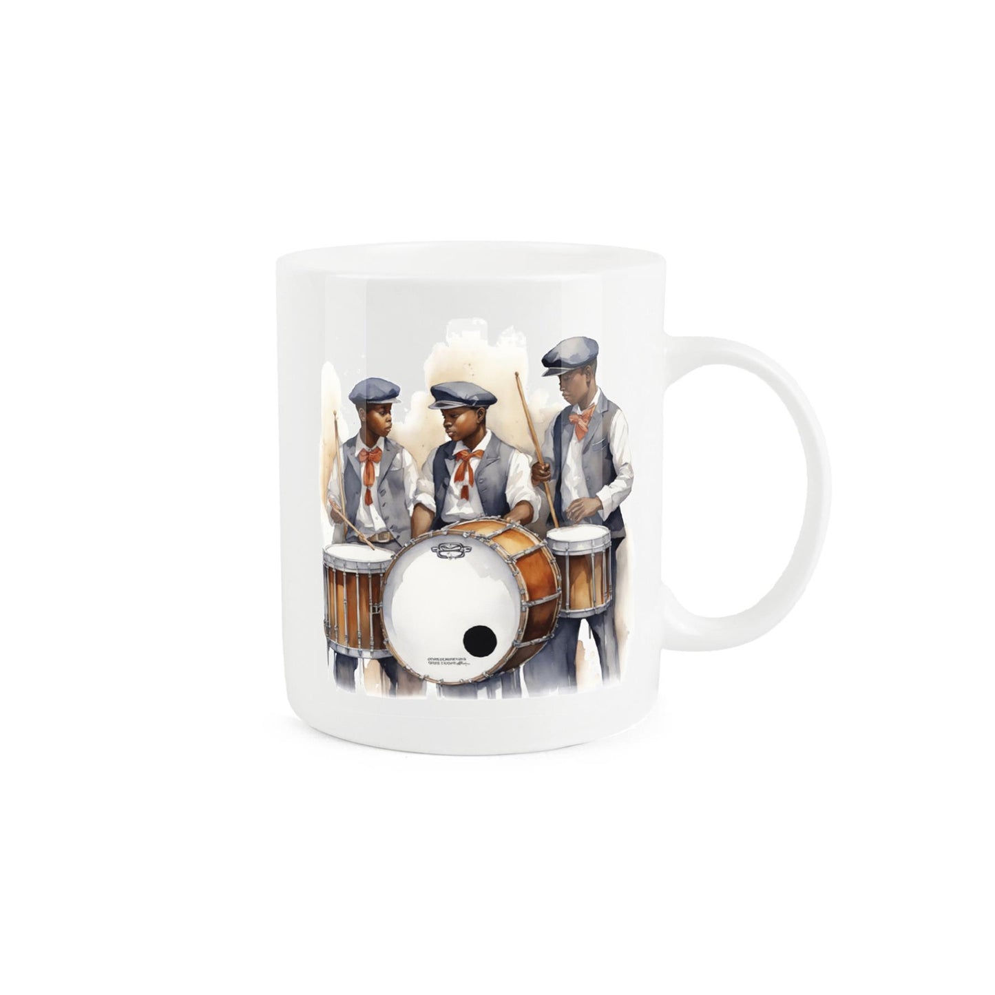 12 Days of Christmas bone china mug, 12th day: trio of drummers design.