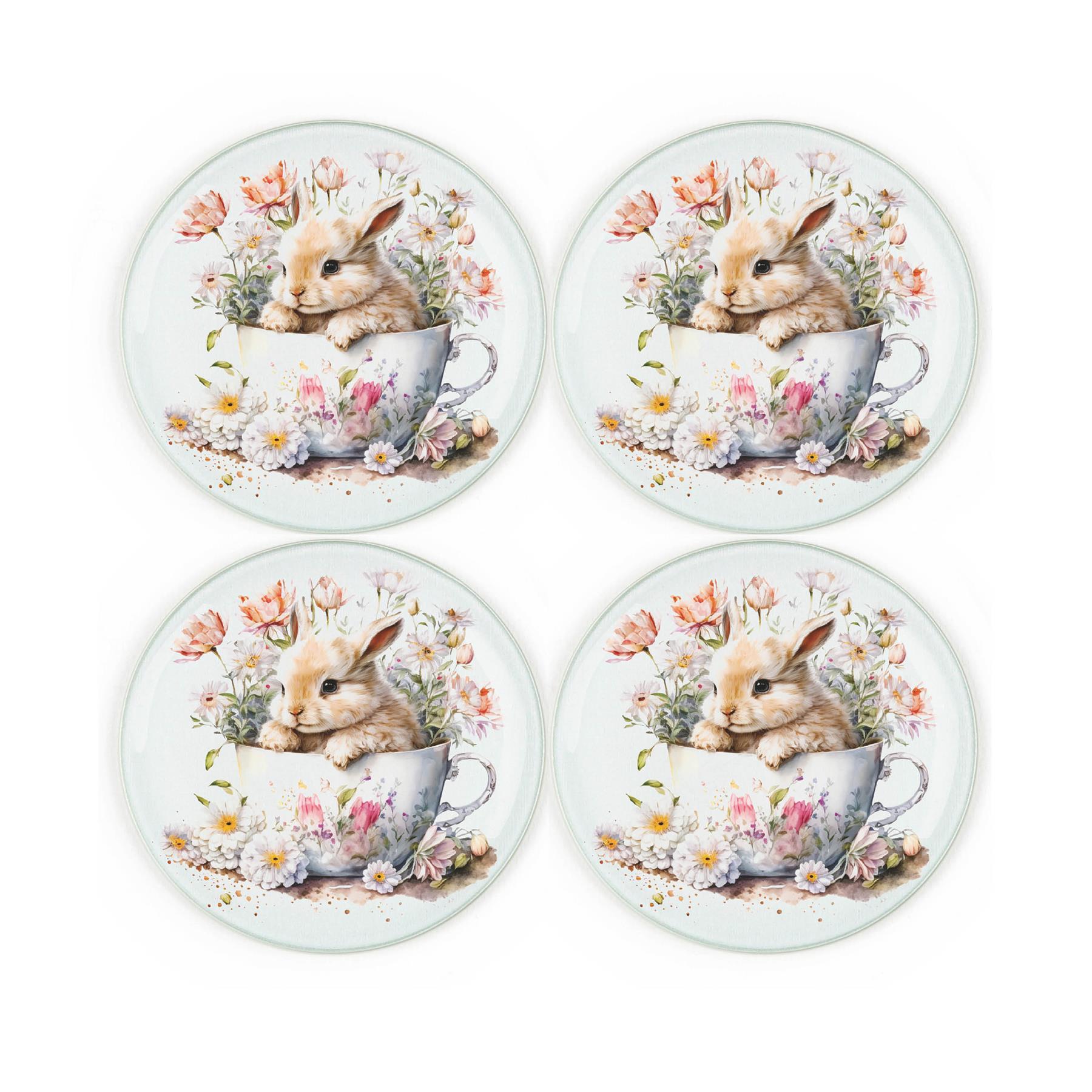 Four round tempered glass coasters featuring cute bunny in teacup design