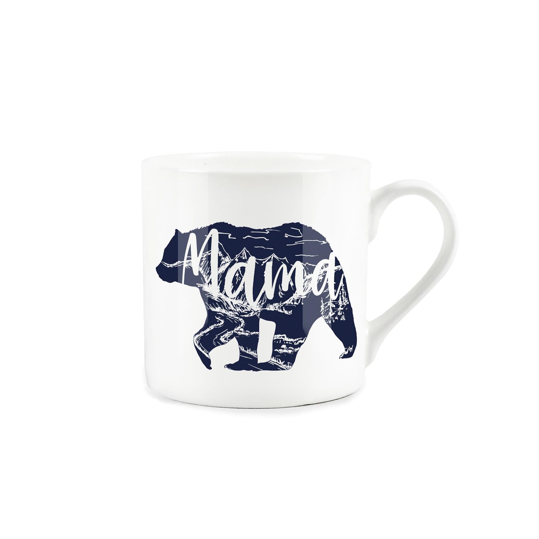 White bone china mug depicting the dark blue silhouette of a grizzly bear and the text 'Mama'