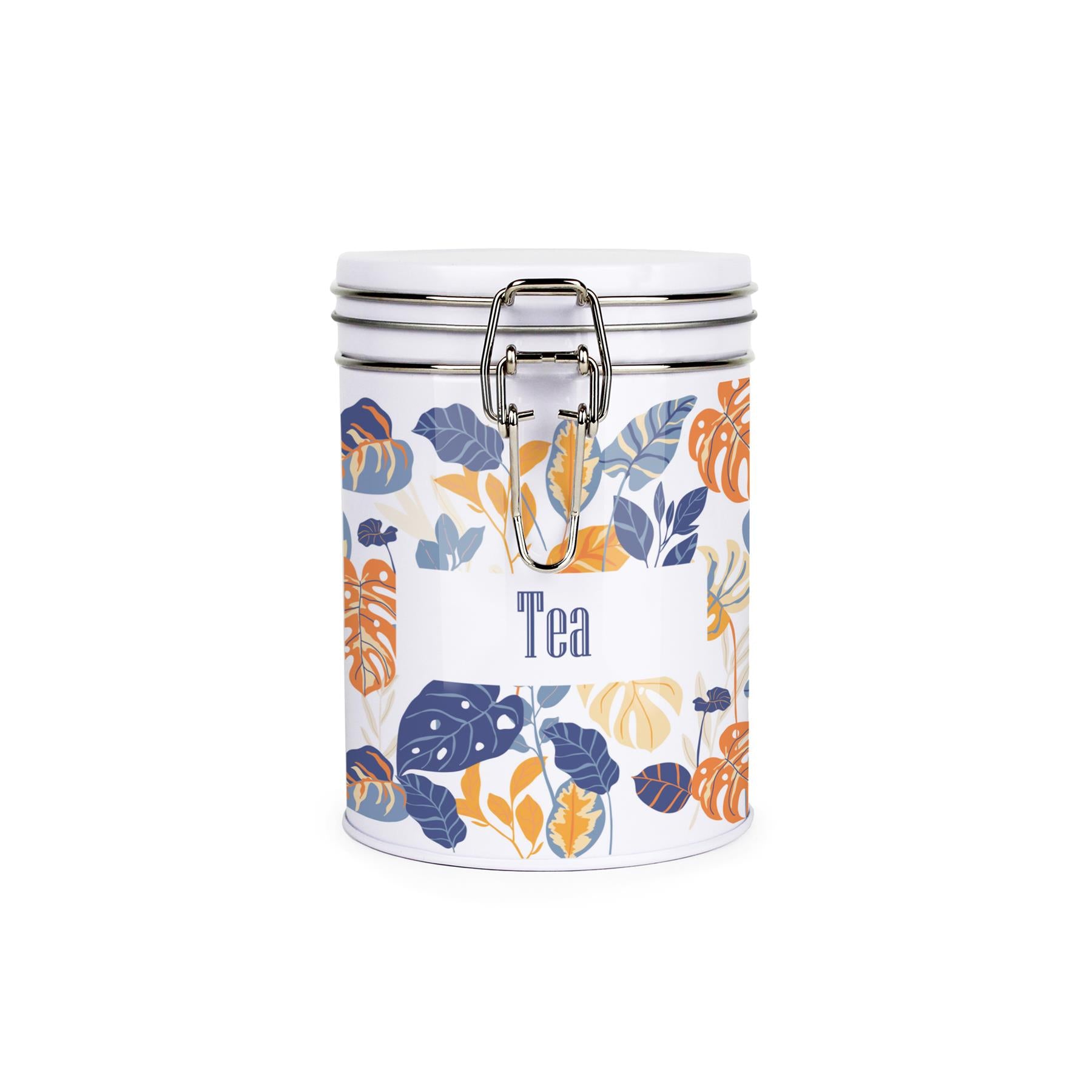 Metal canister with metal clip and lid featuring a bright, tropical leaves pattern in orange, cream, and blue shades and tea text