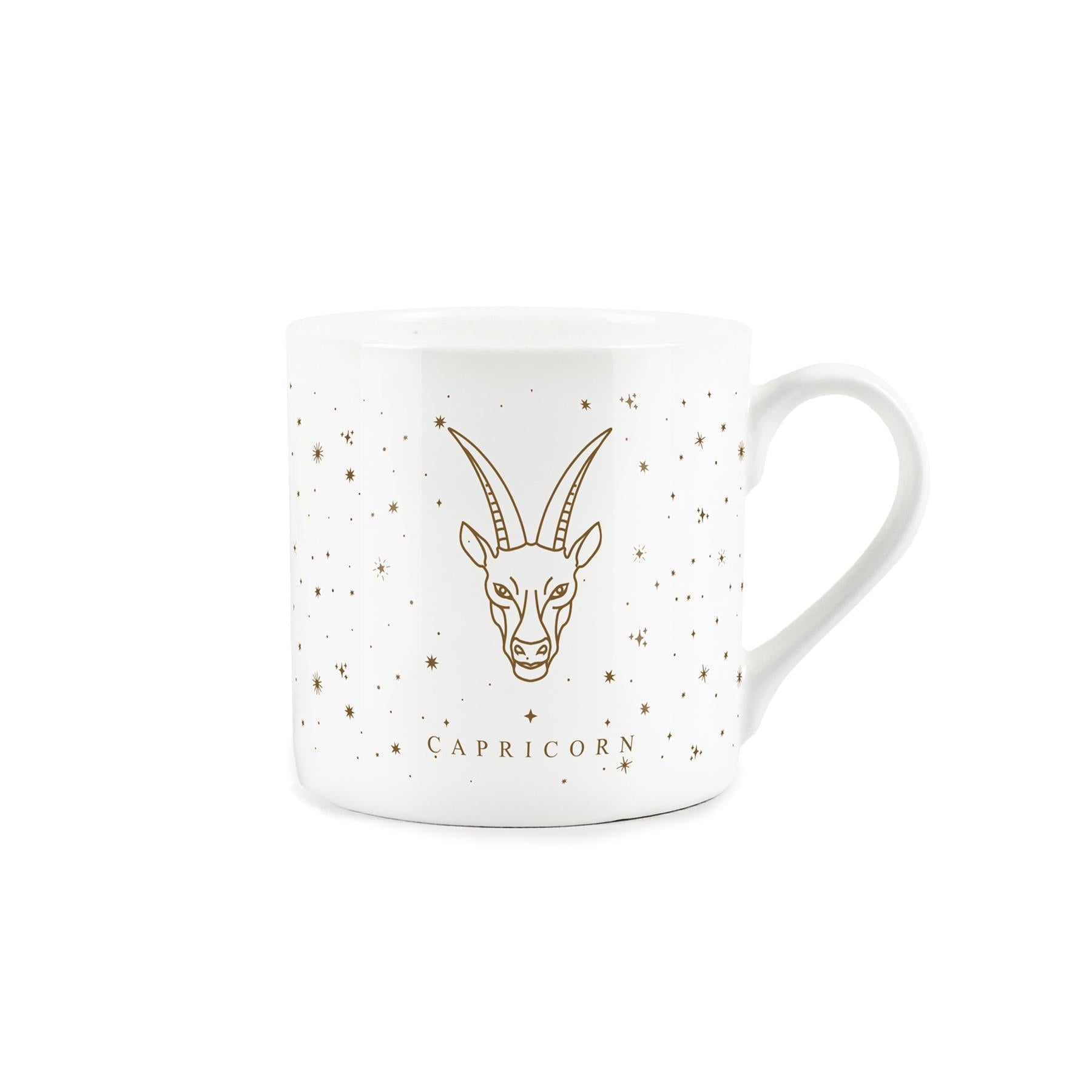 White bone china mug featuring golden stars a captivating capricorn zodiac design