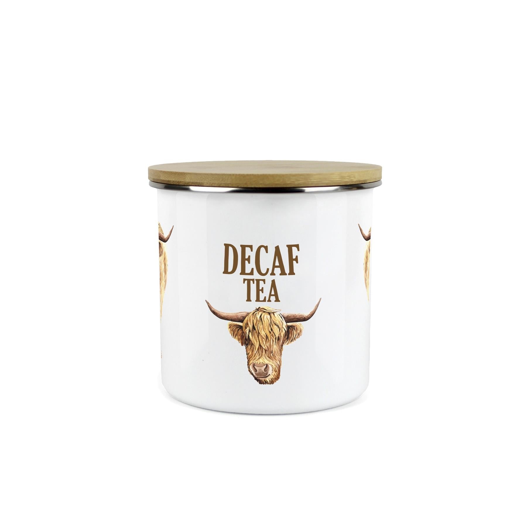 Decaf Tea Highland Cow Storage Canister - Enamel & Bamboo Kitchen Storage Jar