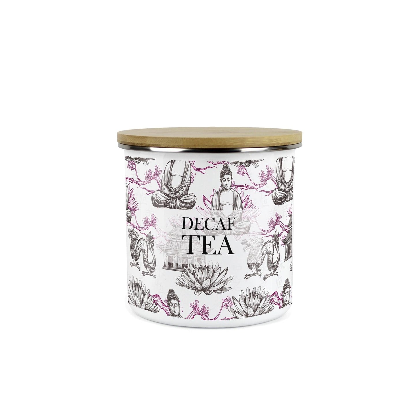 Decaf Tea Storage Canister - Oriental Scene Enamel Kitchen Storage Jar