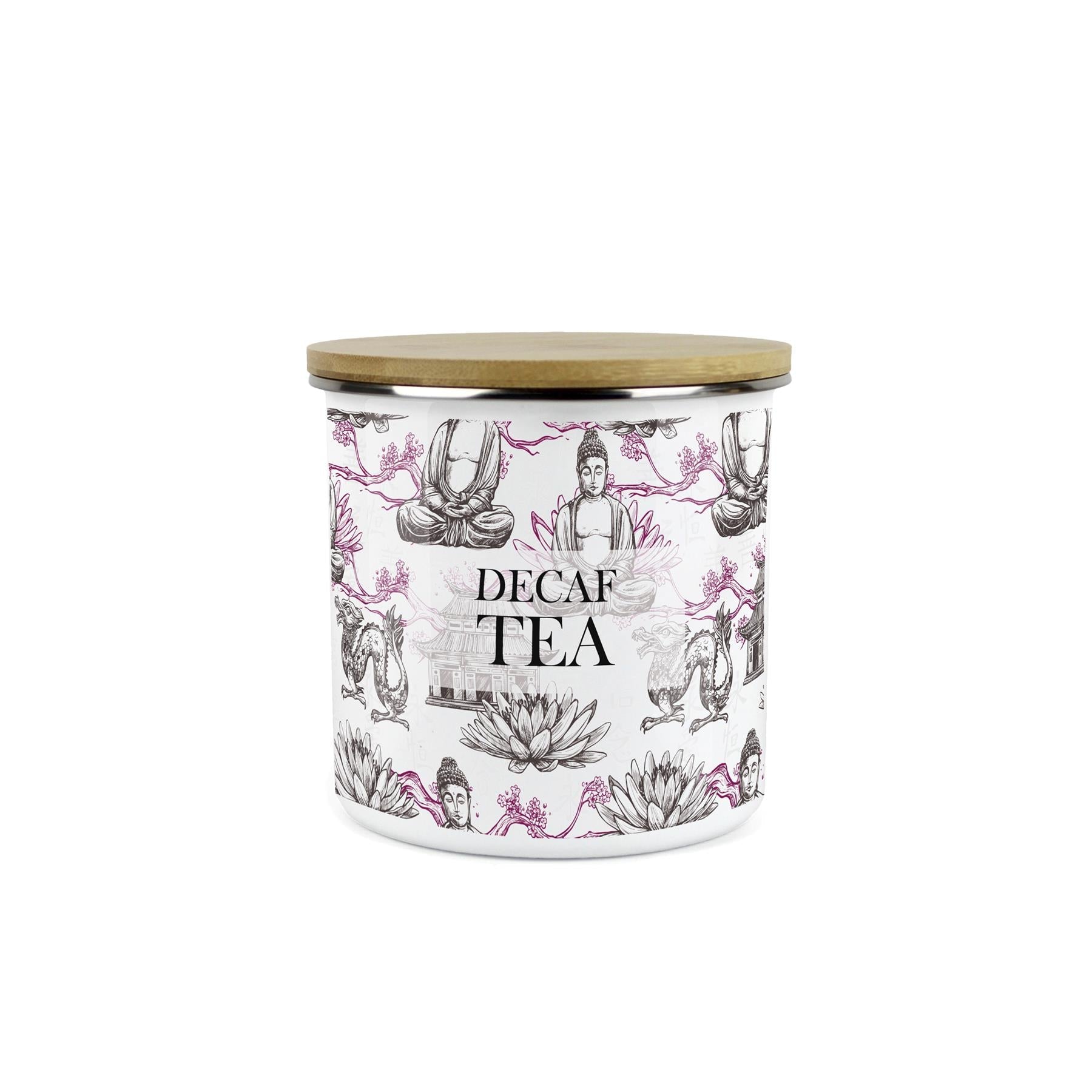 Decaf Tea Storage Canister - Oriental Scene Enamel Kitchen Storage Jar