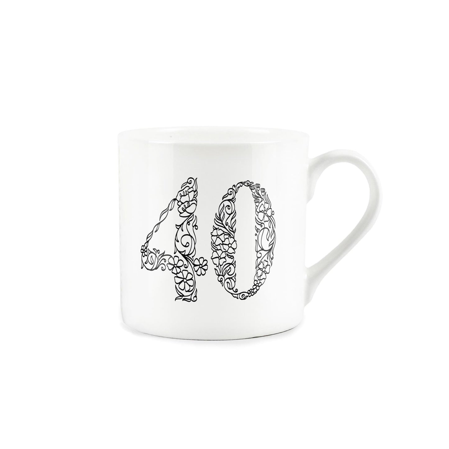 White bone china mug featuring number 40 in black floral line drawing