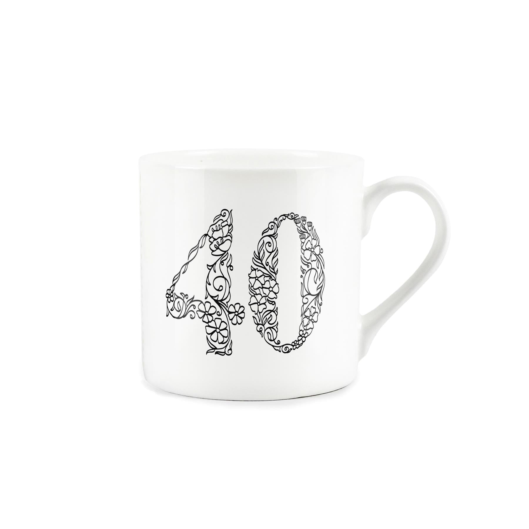 White bone china mug featuring number 40 in black floral line drawing