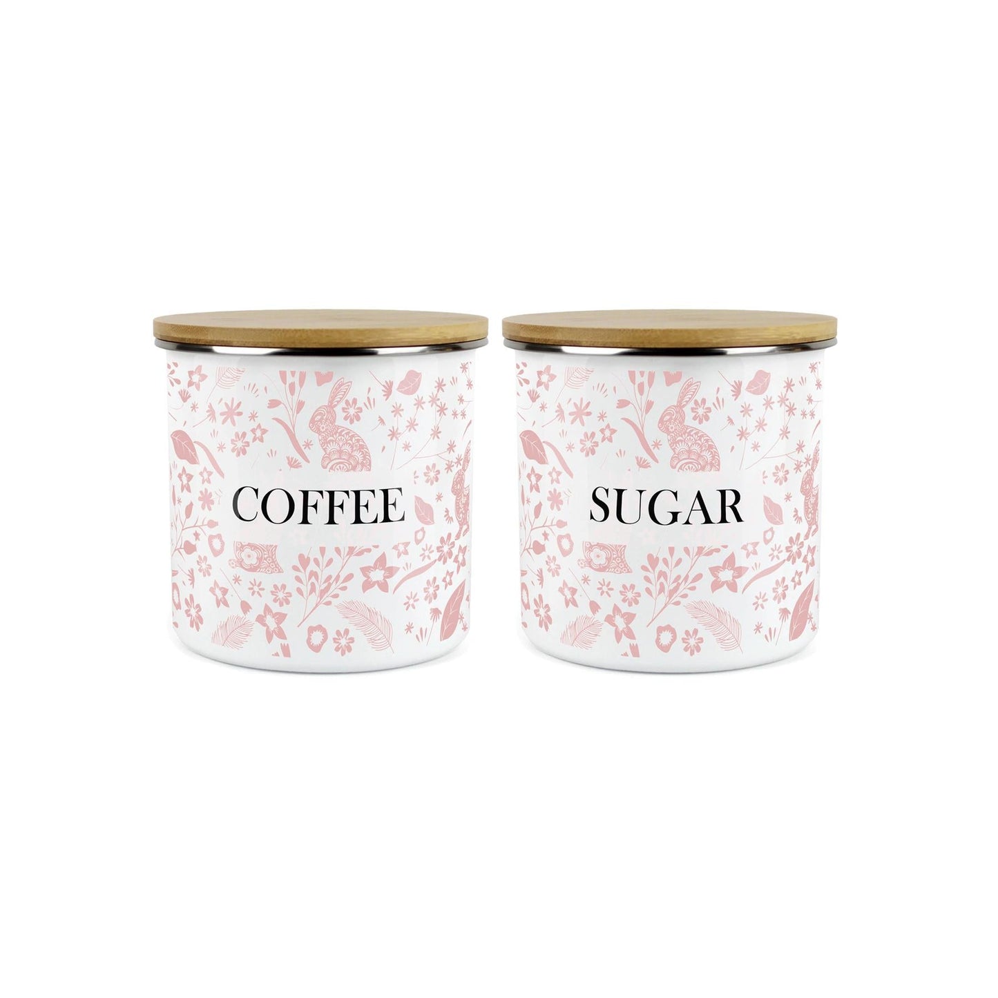 Wild Rabbits Coffee & Sugar Enamel Jar Storage Canister Set - Pink