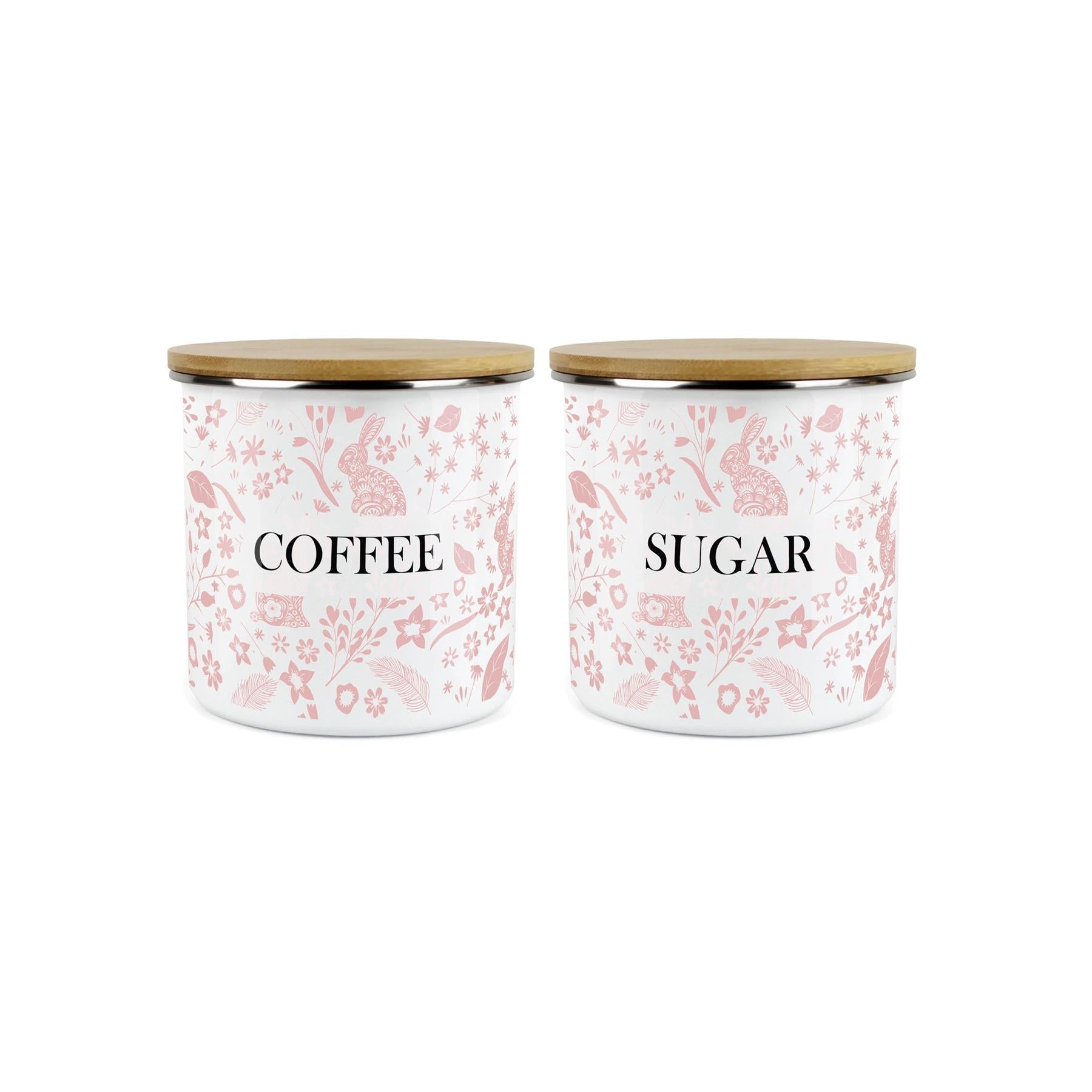 Wild Rabbits Coffee & Sugar Enamel Jar Storage Canister Set - Pink