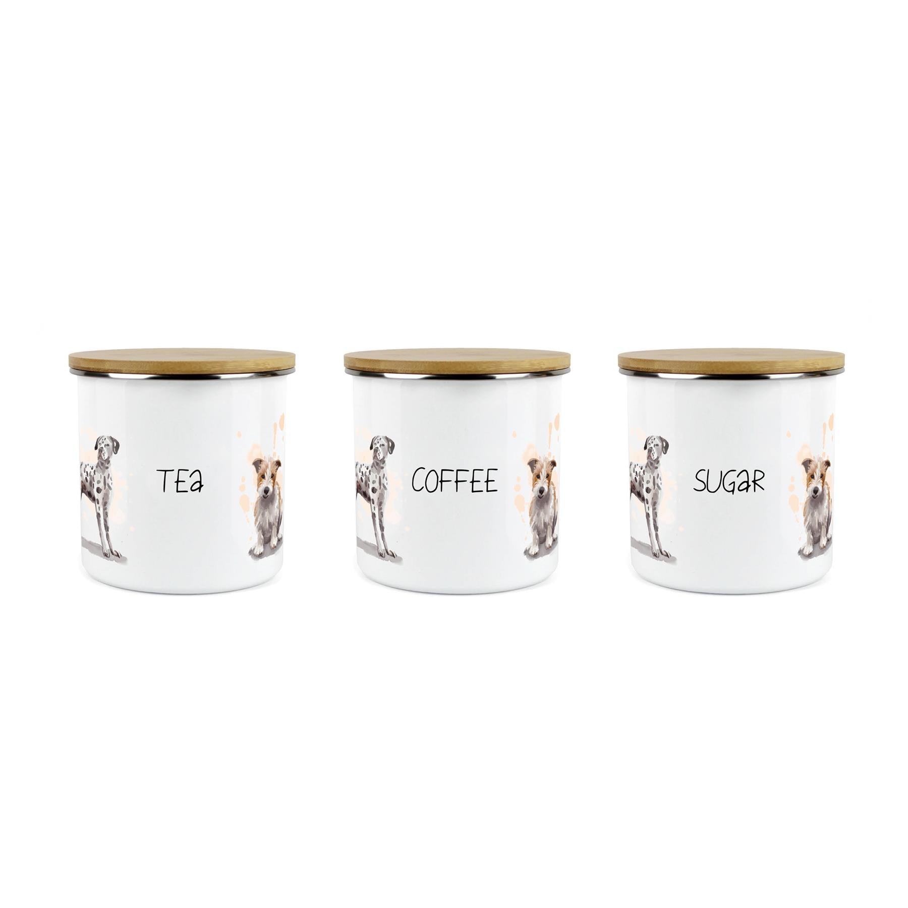 Tea, Coffee & Sugar Storage Canister - 3x Dogs Kitchen Enamel Metal Storage Jar