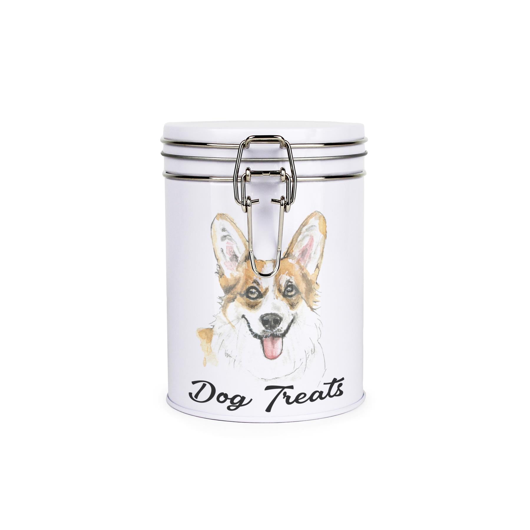 White tinplate canister with metal clip and lid featuring the face of a Corgi with the caption 'Dog Treats'