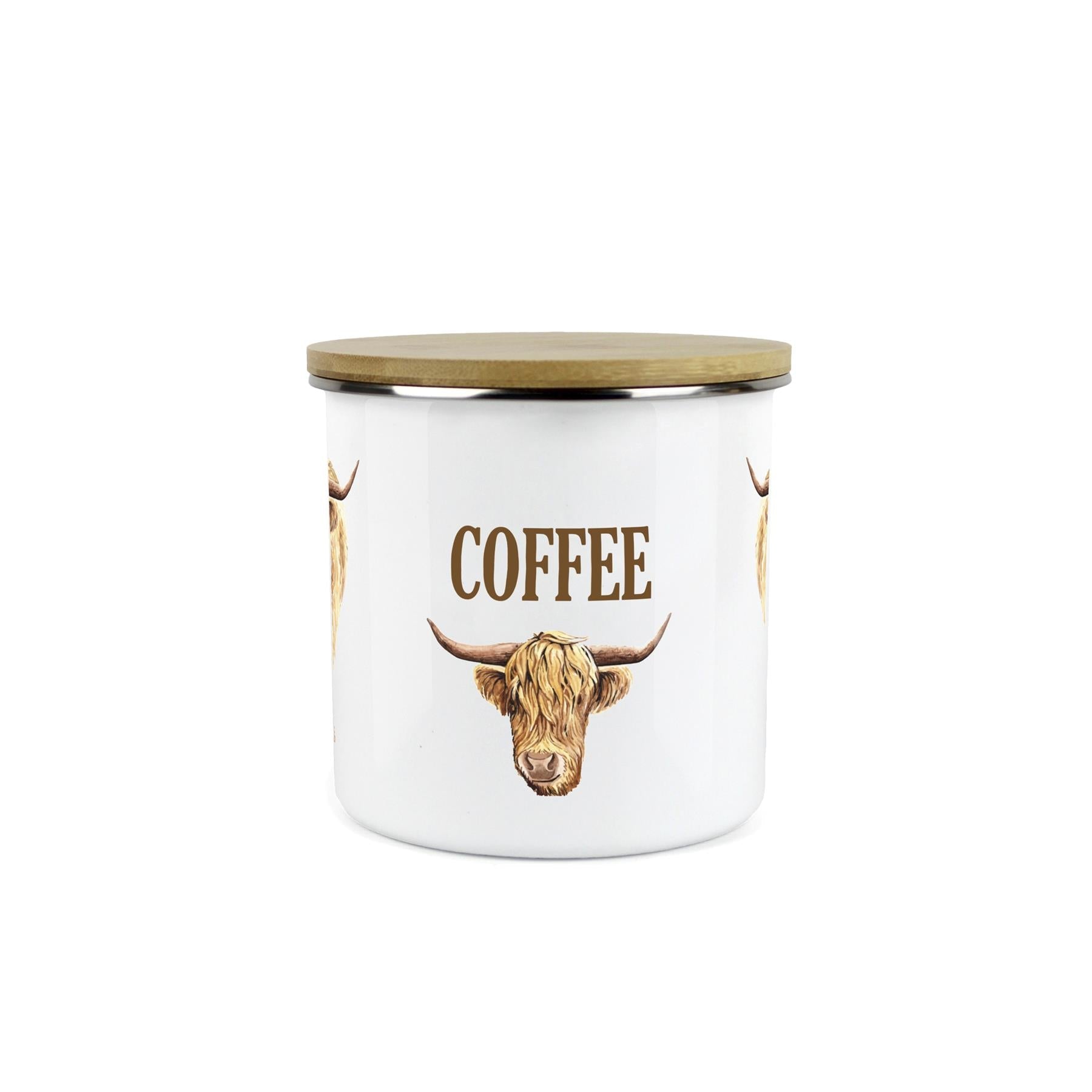 Coffee Highland Cow Storage Canister - Enamel & Bamboo Kitchen Storage Jar