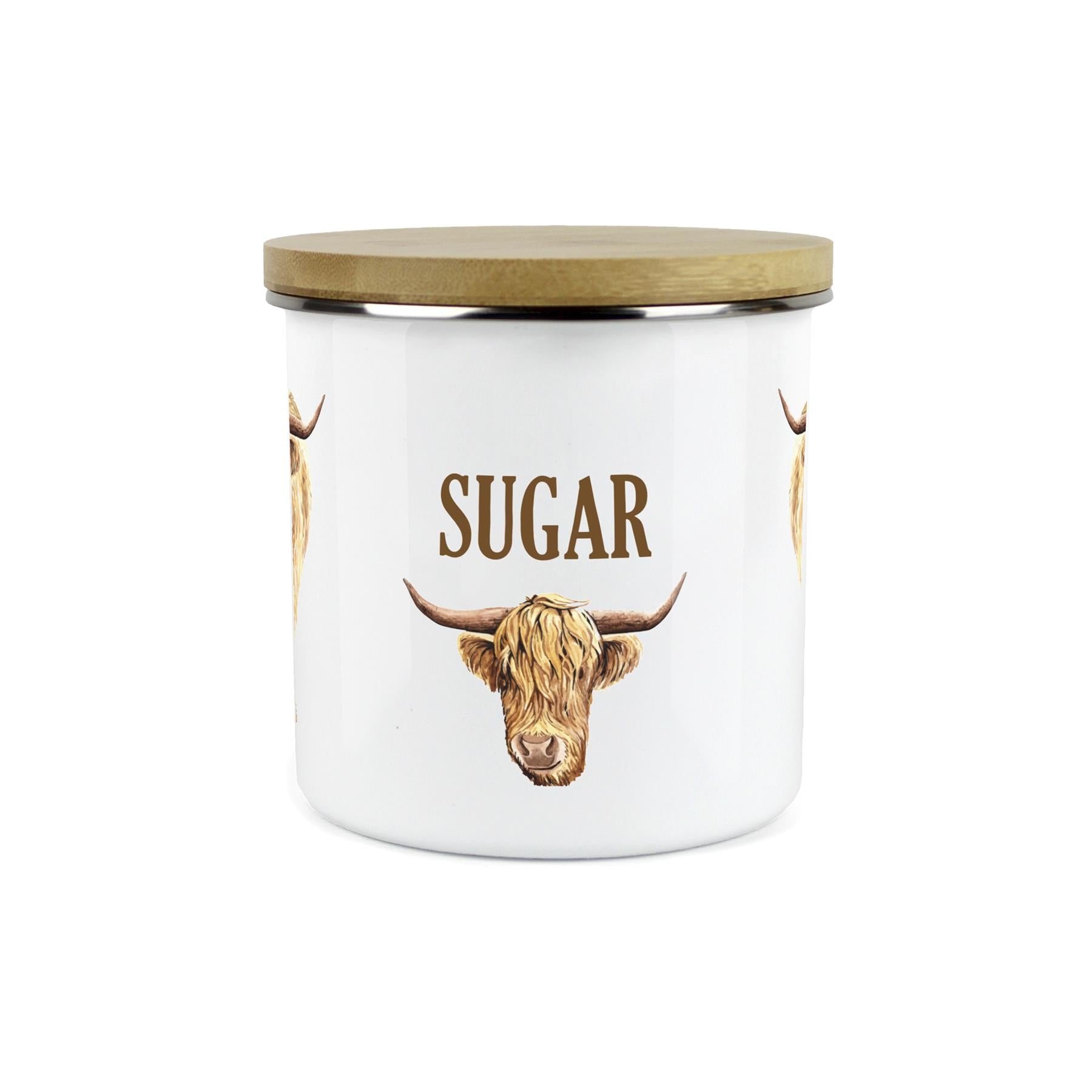 Sugar Highland Cow Storage Canister - Enamel & Bamboo Kitchen Storage Jar