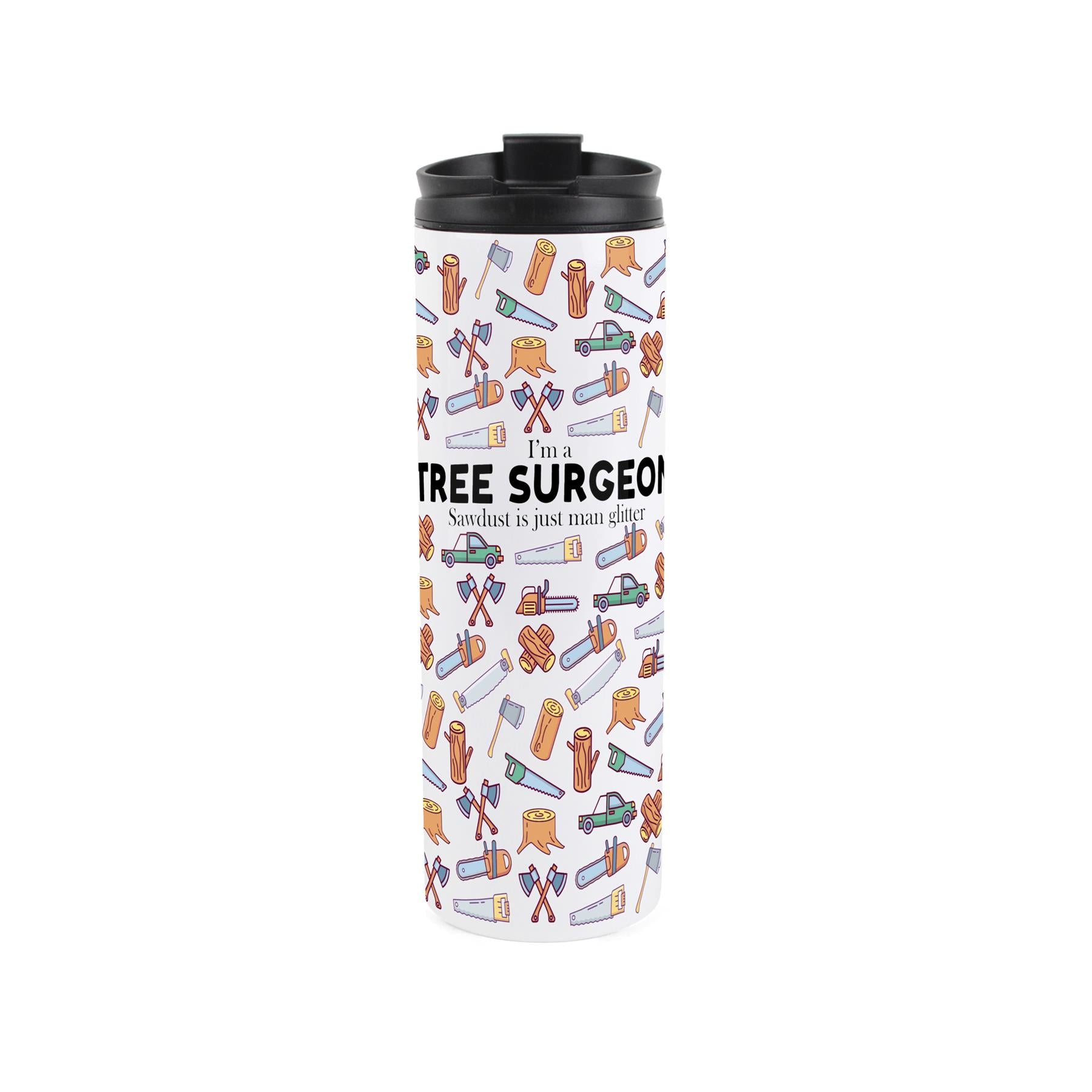 Travel mug featuring tree surgeon pattrn