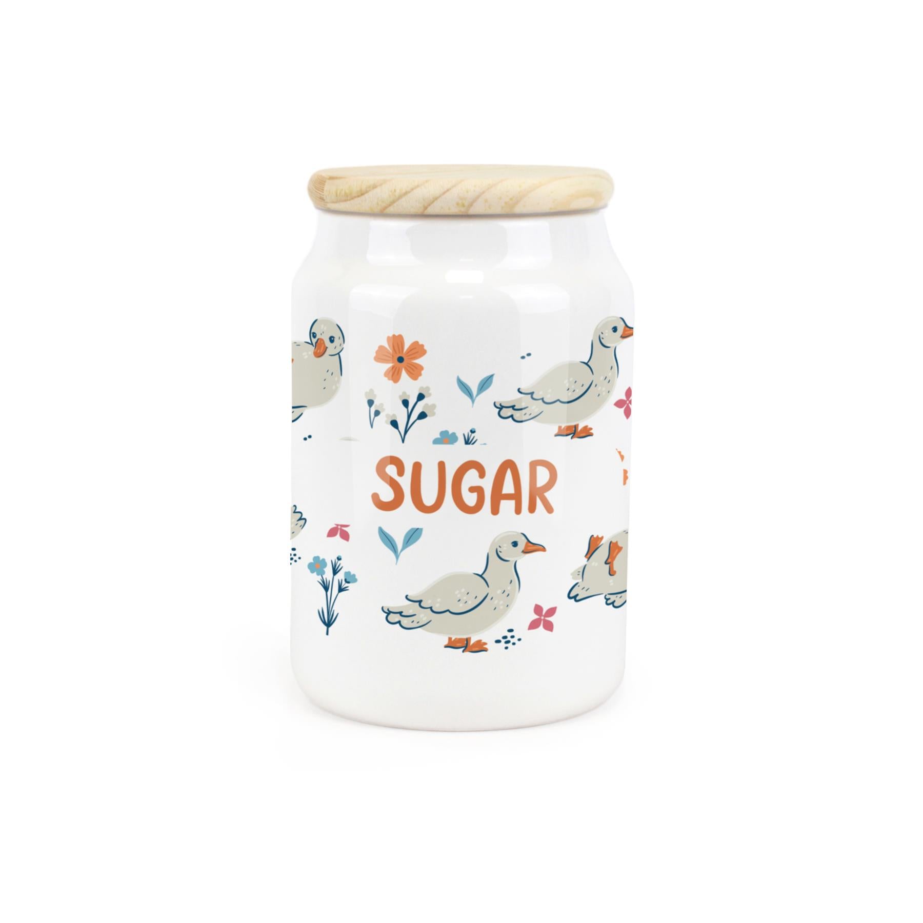 White ceramic canister featuring waddling ducks with a sugar design.