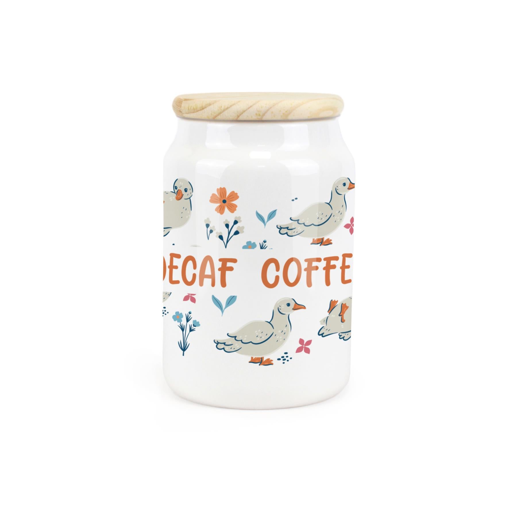 White ceramic canister featuring waddling ducks with a decaf coffee design.