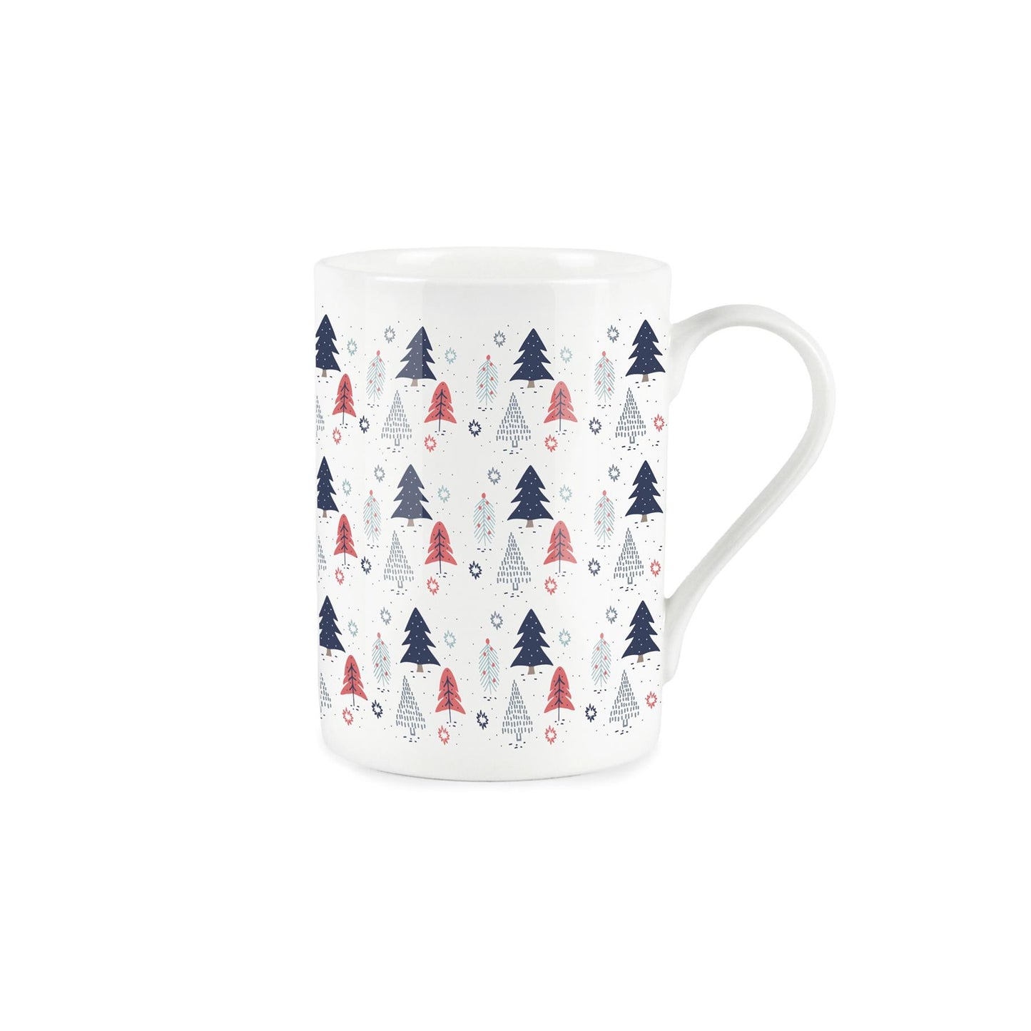 Colourful print block Christmas tree and snowflake patter on a white bone china mug