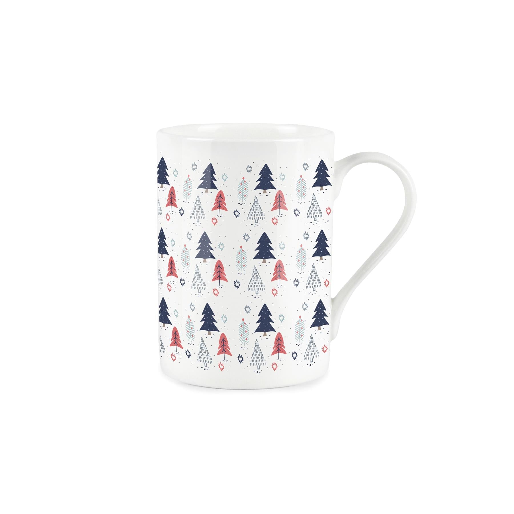 Colourful print block Christmas tree and snowflake patter on a white bone china mug