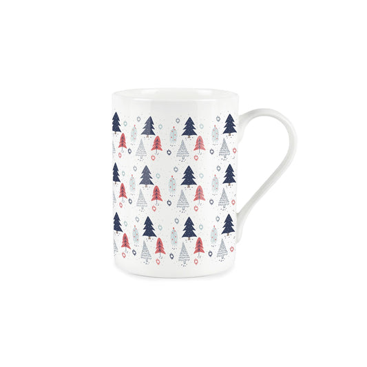 Colourful print block Christmas tree and snowflake patter on a white bone china mug