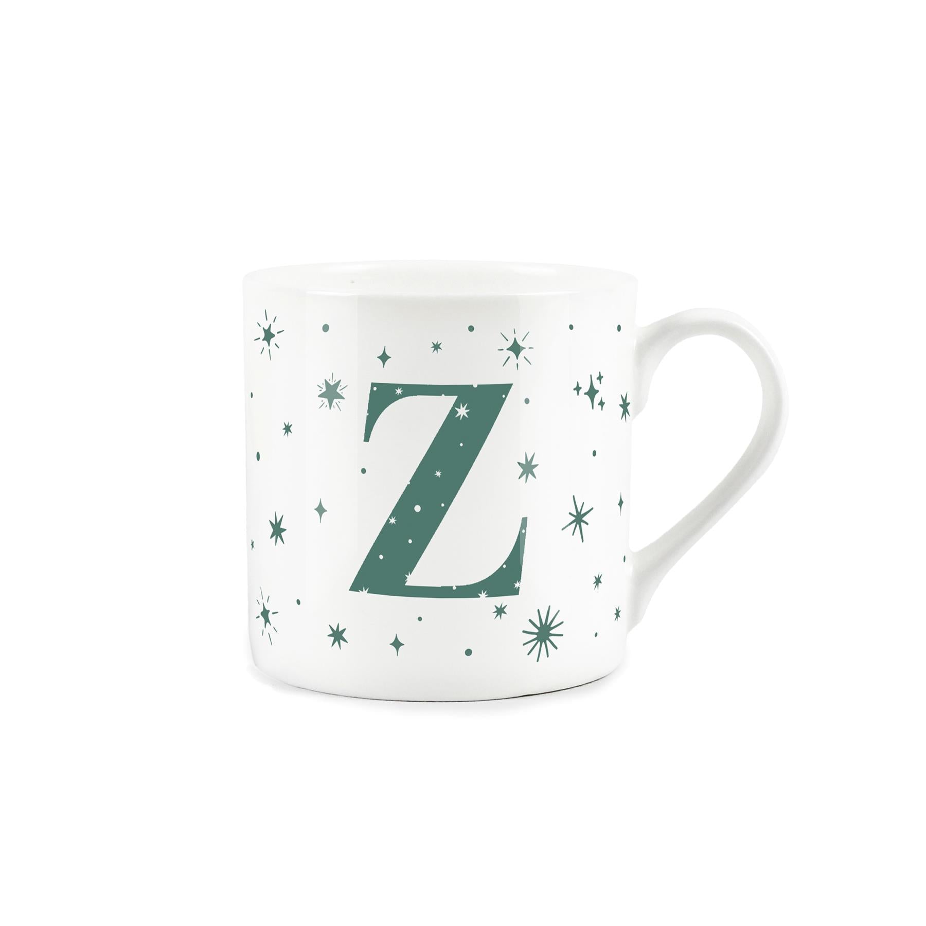 White bone china mug with green stars and letter 'Z' alphabet design