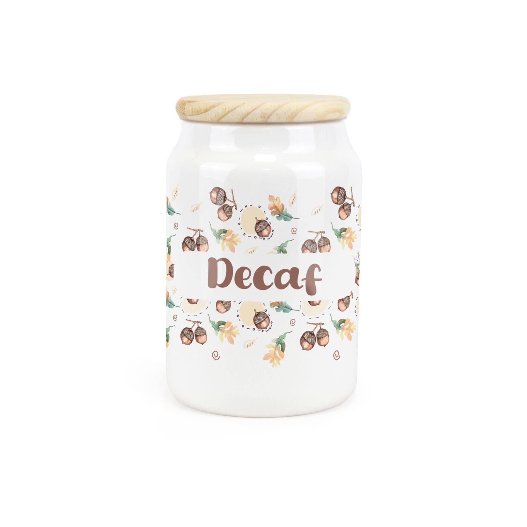 White ceramic canister with a retro 1950s print featuring a decaf design.