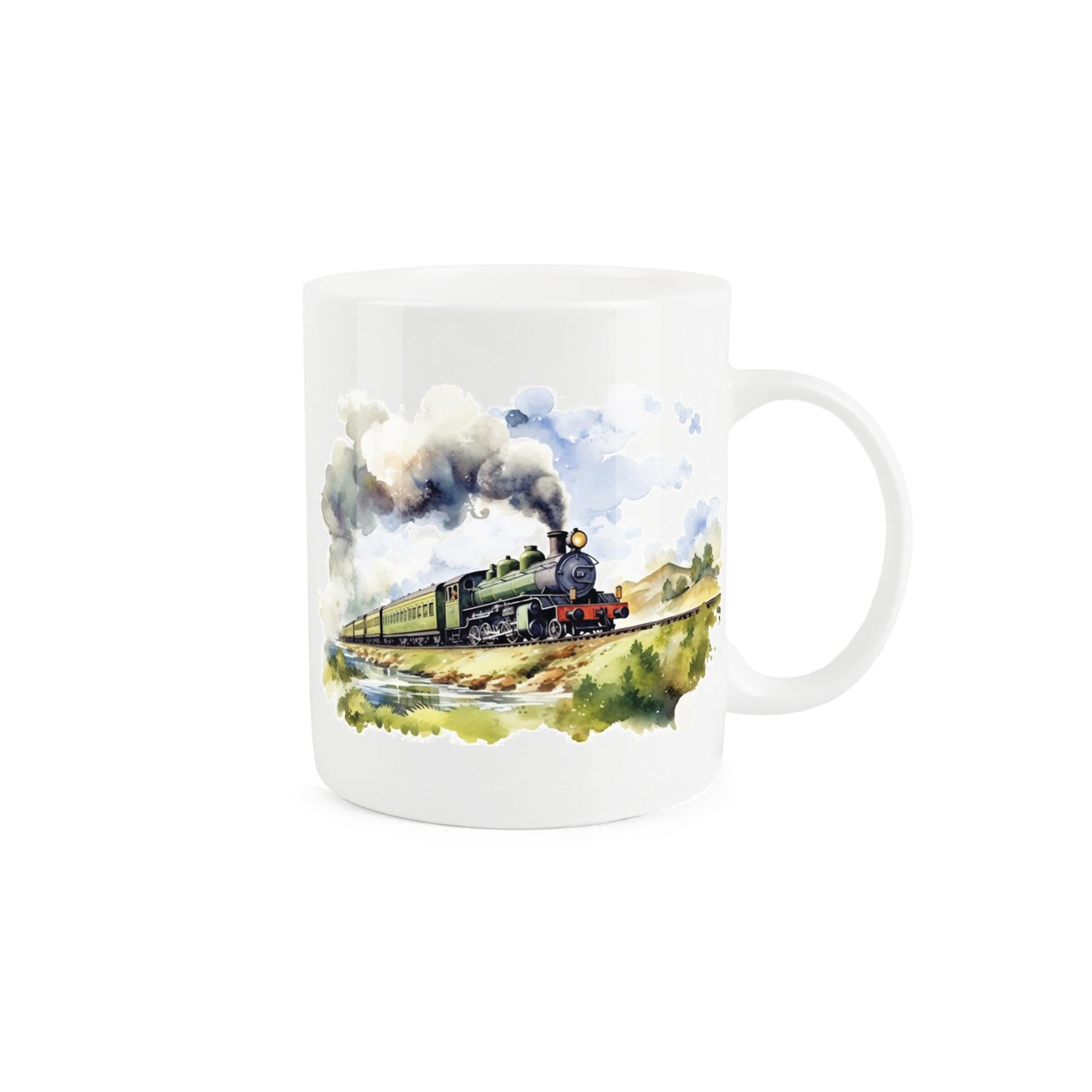 Steam train-themed white bone china mug with a scene of a train moving through a station platform.