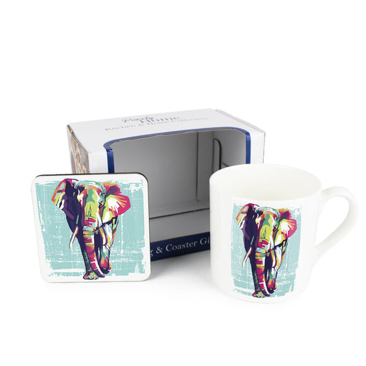 Colourful Elephant Mug & Coaster Gift Set