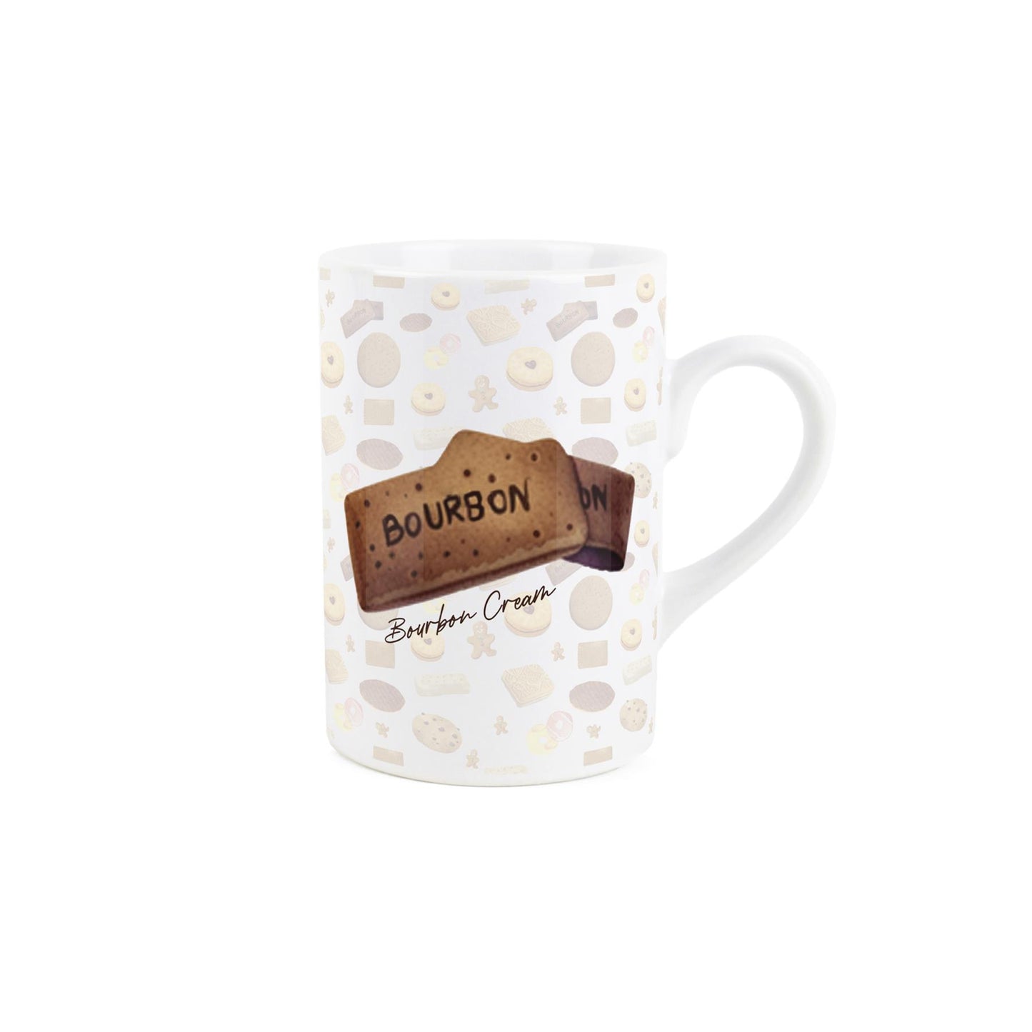 Novelty Ceramic mug with textured British chocolate bourbon biscuit print, providing a tactile biscuit-themed experience.