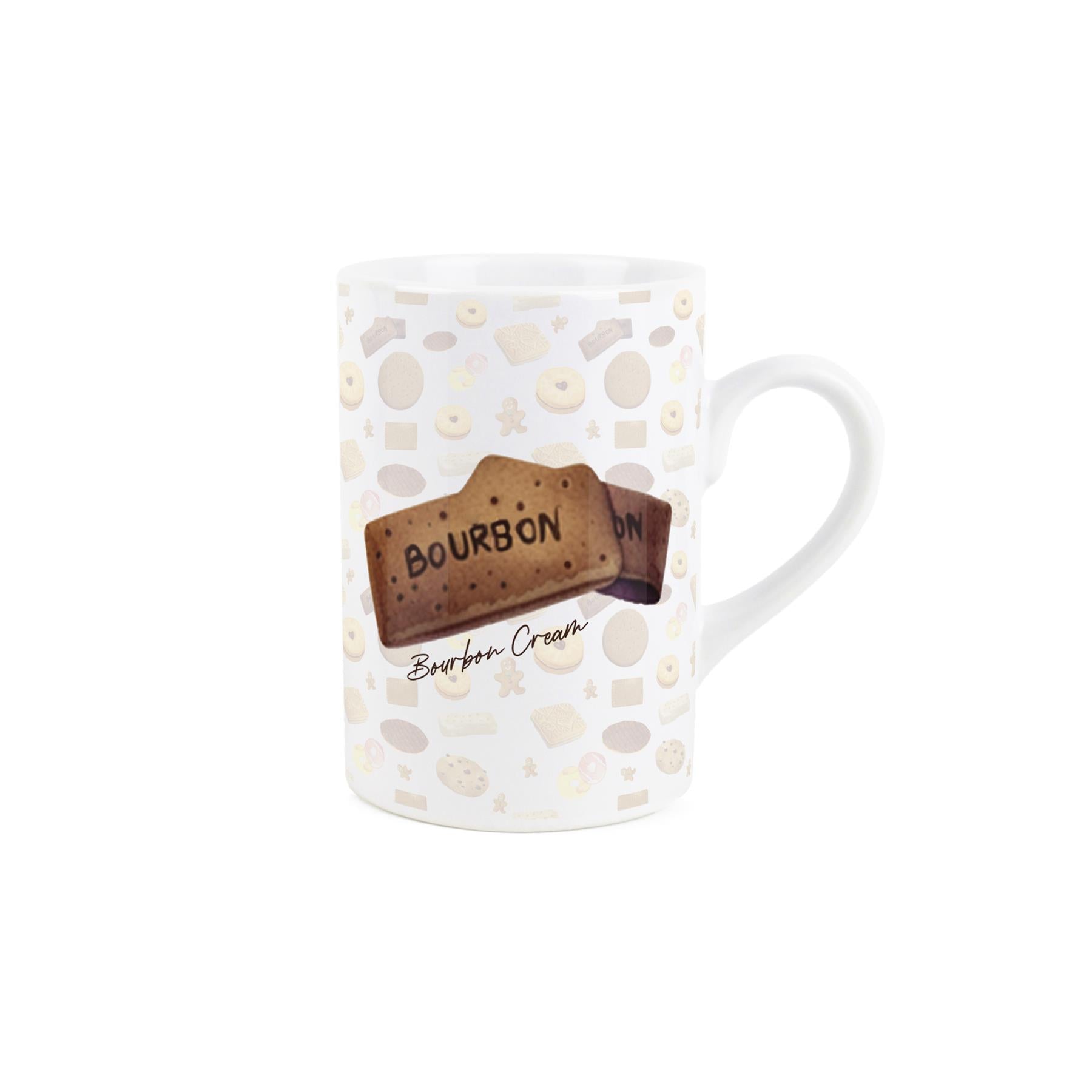 Novelty Ceramic mug with textured British chocolate bourbon biscuit print, providing a tactile biscuit-themed experience.