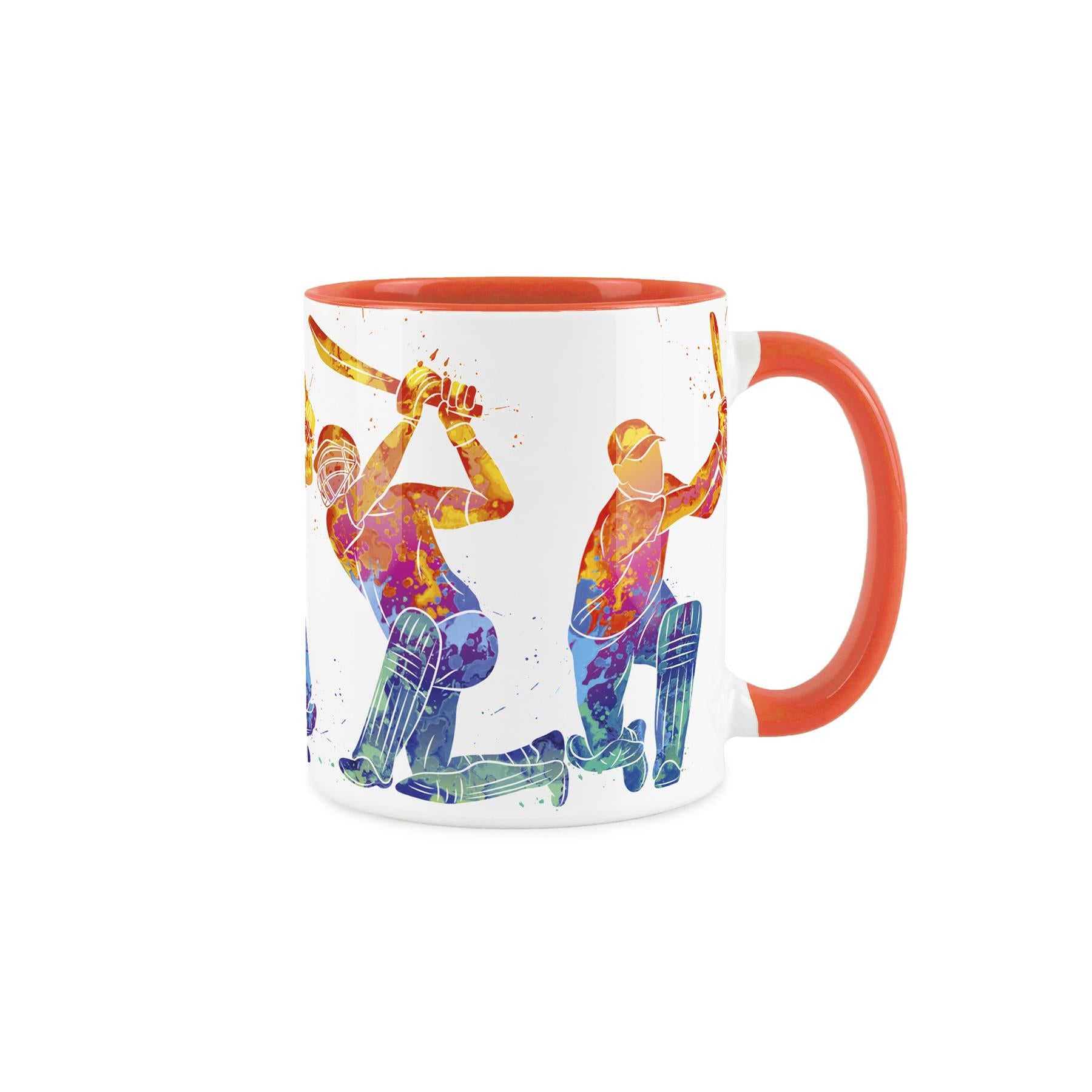 White ceramic mug featuring vibrant, paint-splattered depiction of jockeys racing