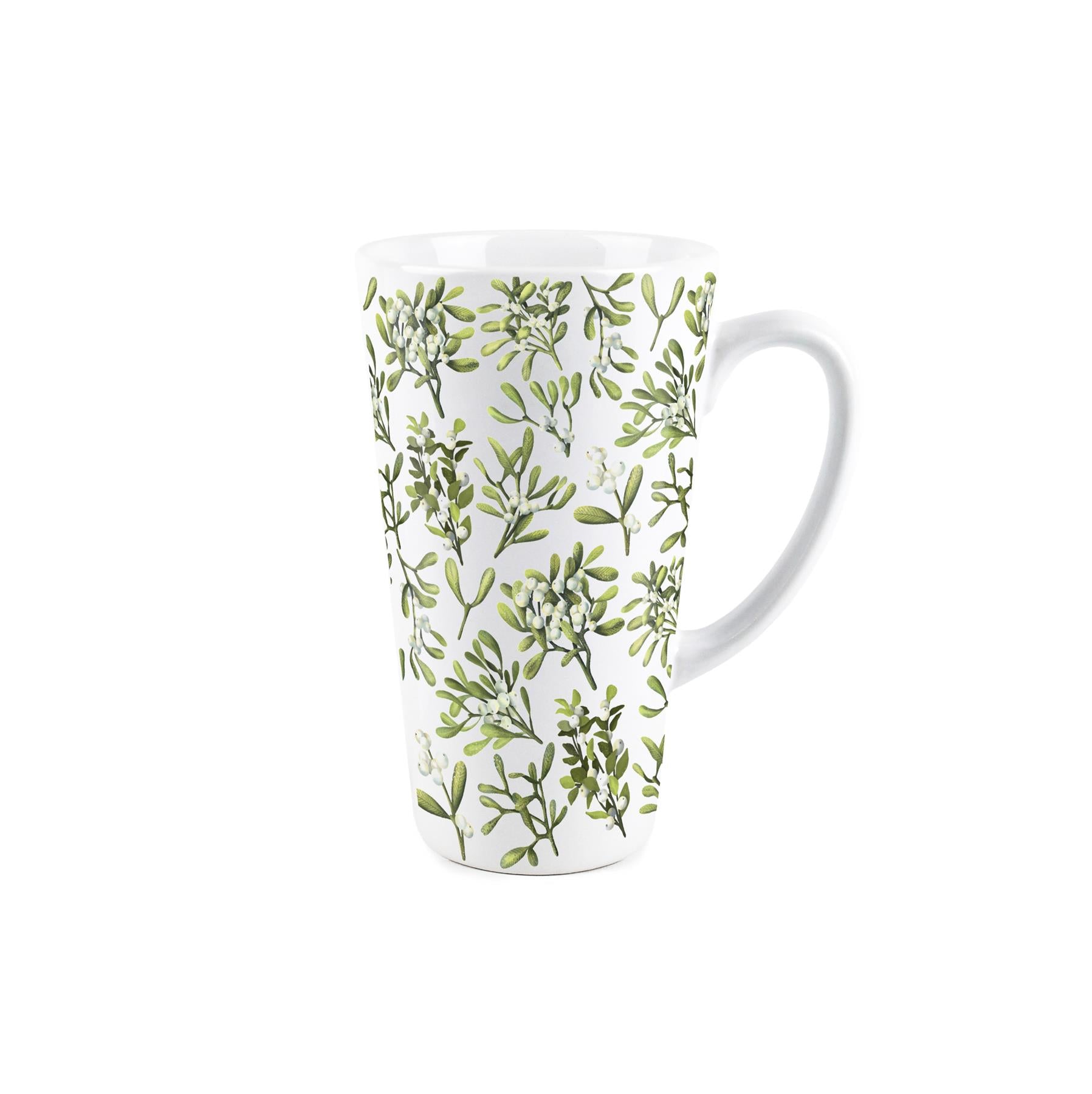 Large white latte mug featuring christmas mistletoe design